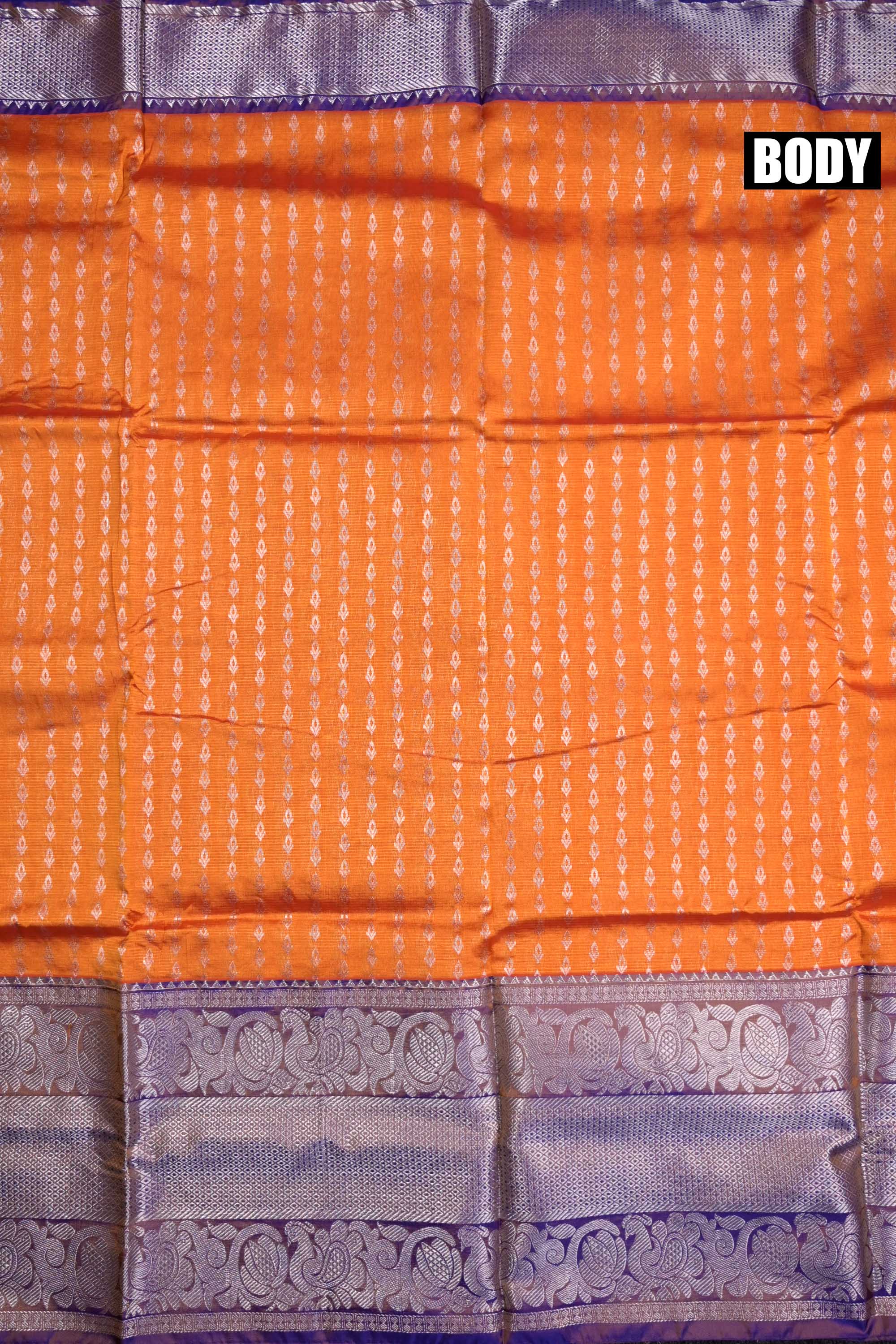 Mangalgiri pattu saree orange and blue color with silver zari motive weaves, big zari border and plain blouse