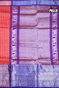Mangalgiri pattu saree red and purple with allover checks with silver zari motives, big zari border and plain blouse