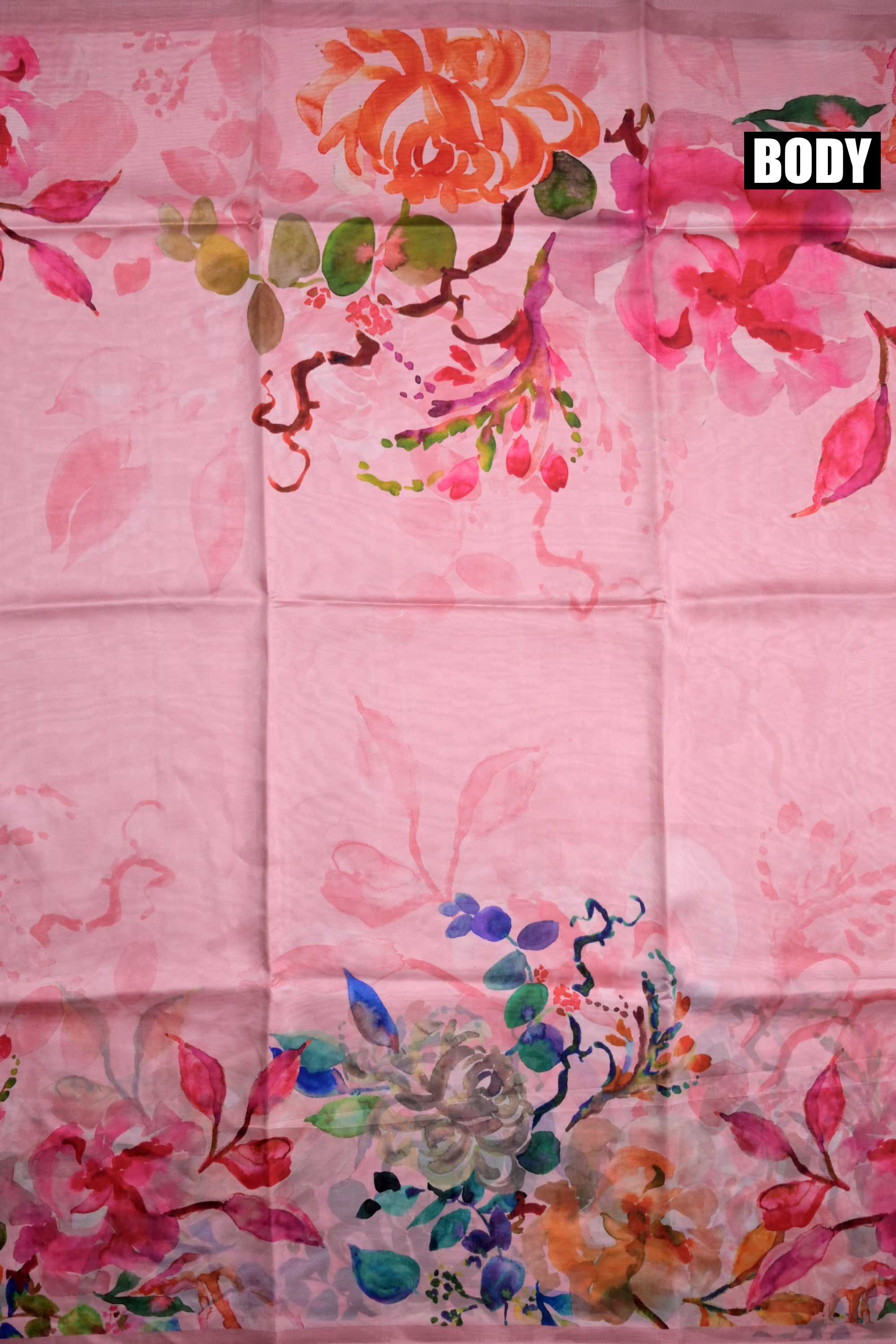 Soya silk saree peach color with allover multi color floral prints, small contrast border and plain blouse