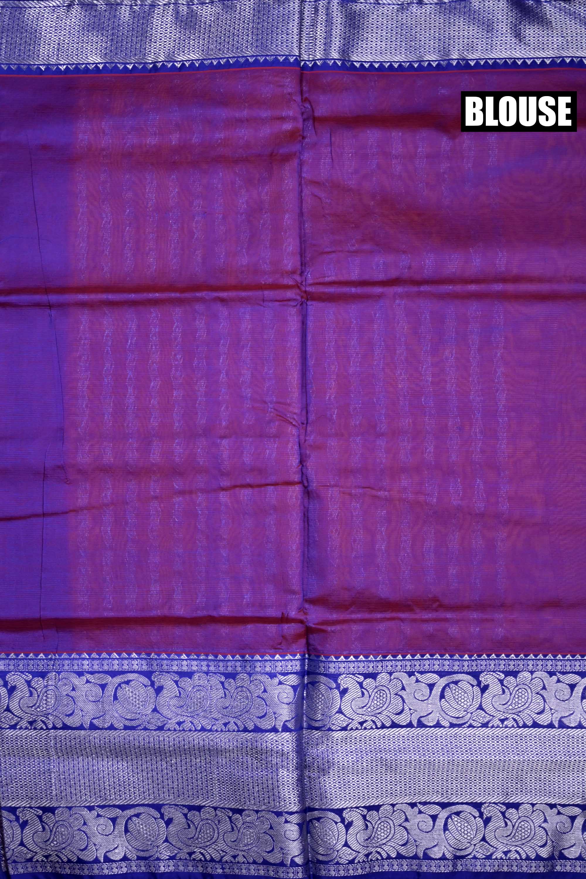 Mangalgiri pattu saree orange and blue color with silver zari motive weaves, big zari border and plain blouse