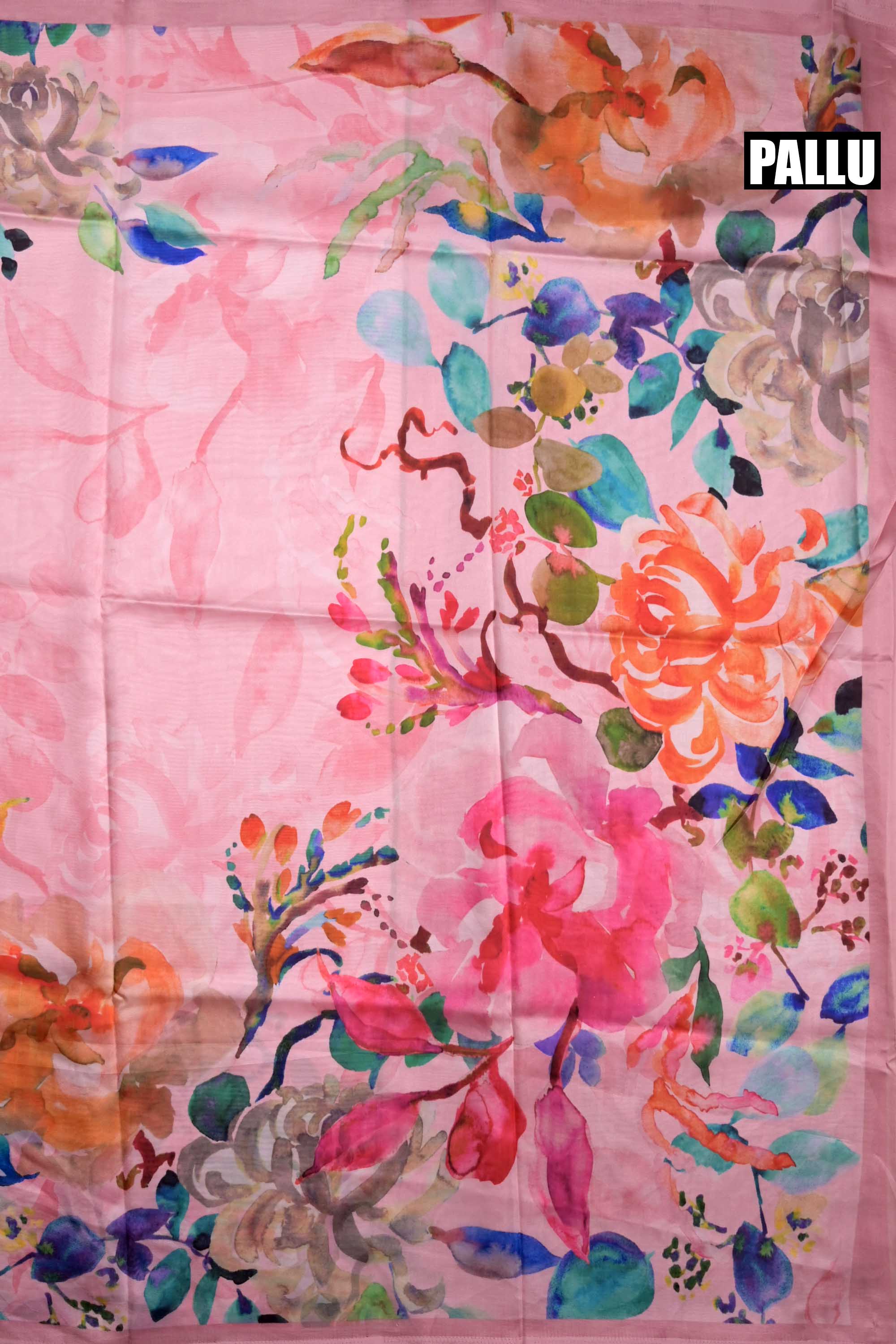 Soya silk saree peach color with allover multi color floral prints, small contrast border and plain blouse