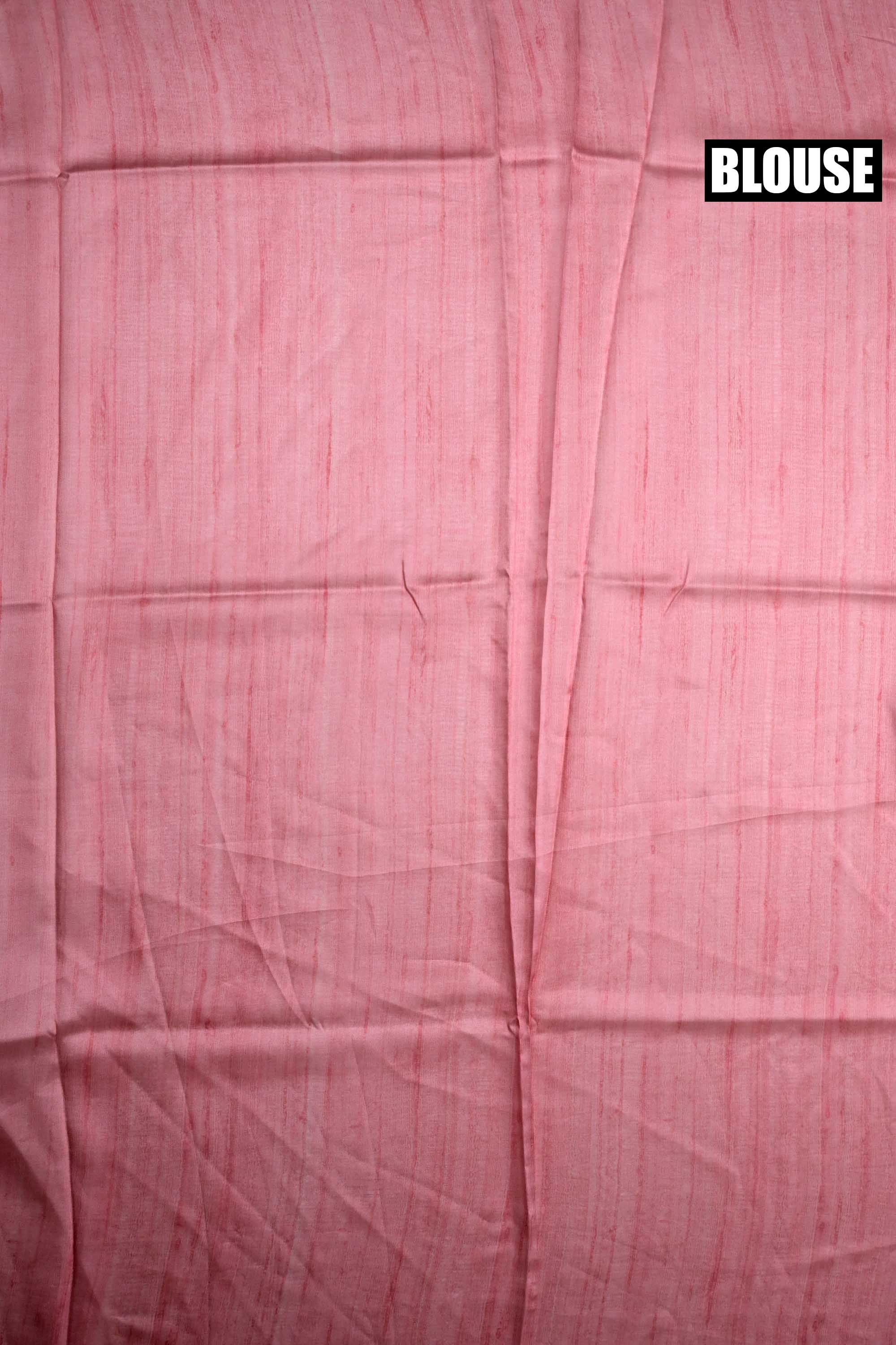 Soya silk saree peach color with allover multi color floral prints, small contrast border and plain blouse