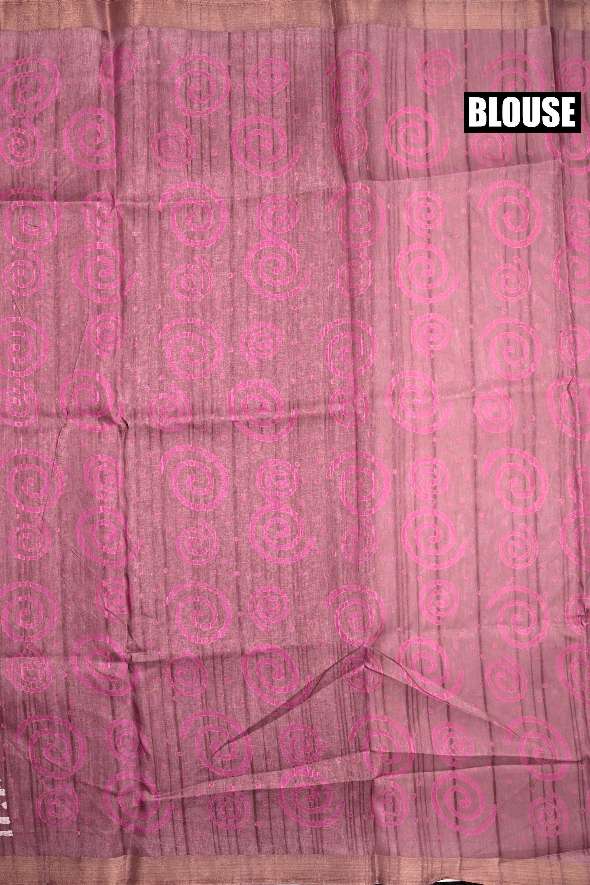 Jute tussar fancy baby pink color allover prints & small printed kaddi border with attached printed blouse