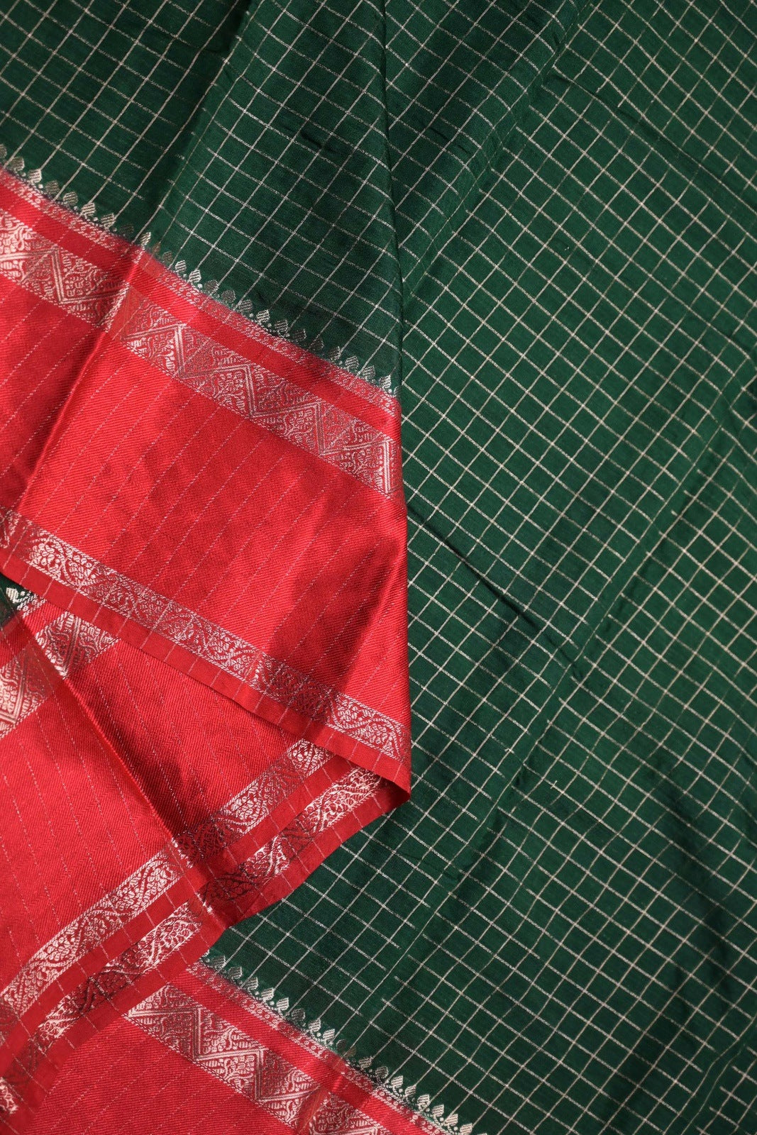 Banaras silk saree green and red with allover gold zari checks weaves, big zari gap border, and brocade blouse