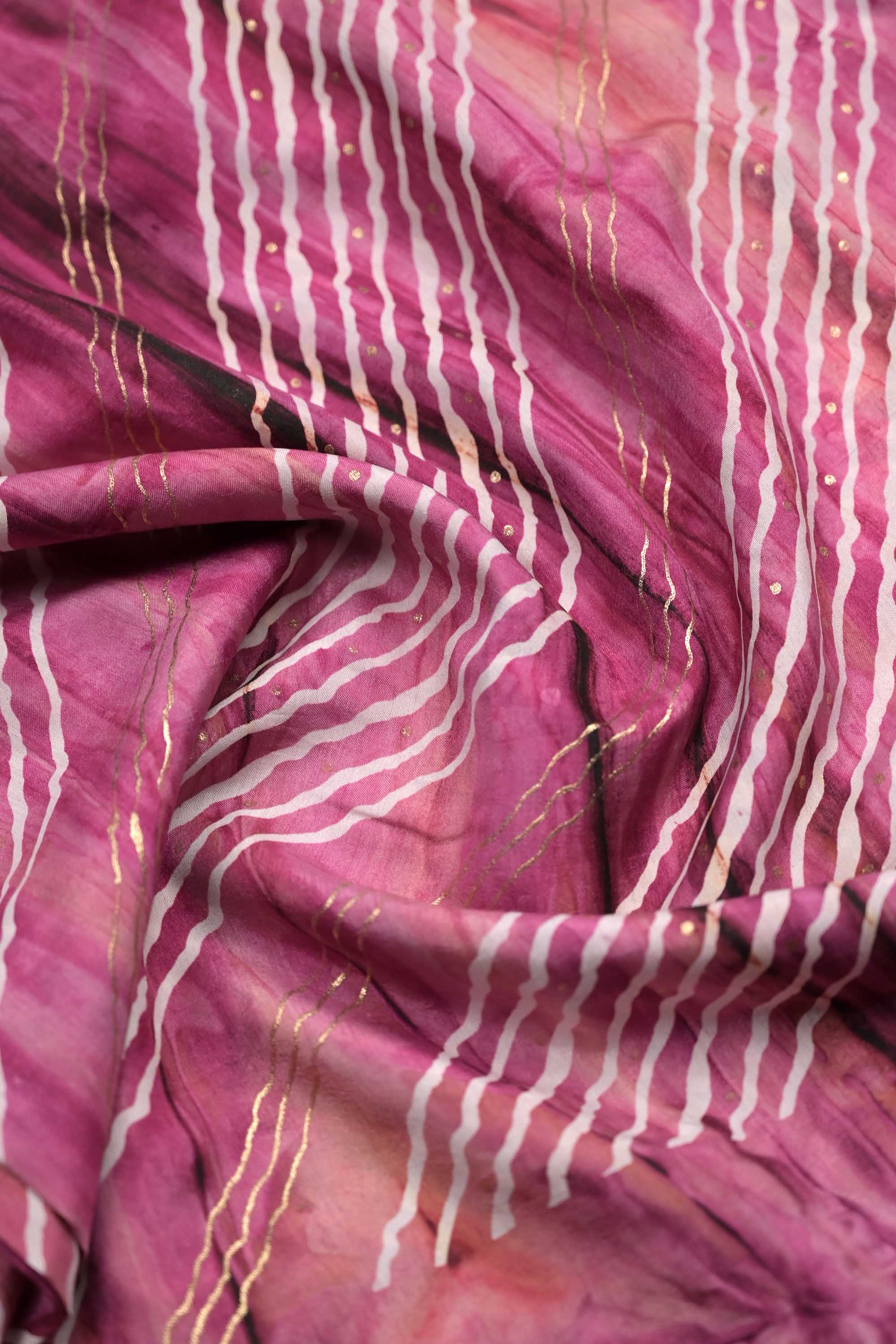 Dola silk fancy saree rose pink color allover stripes and zari woven border with printed pallu and attached printed blouse