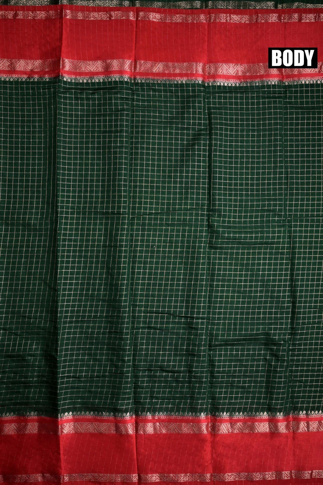 Banaras silk saree green and red with allover gold zari checks weaves, big zari gap border, and brocade blouse
