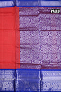 Mangalgiri pattu saree red and blue color with allover silver zari checks weeving, big zari border and plain blouse