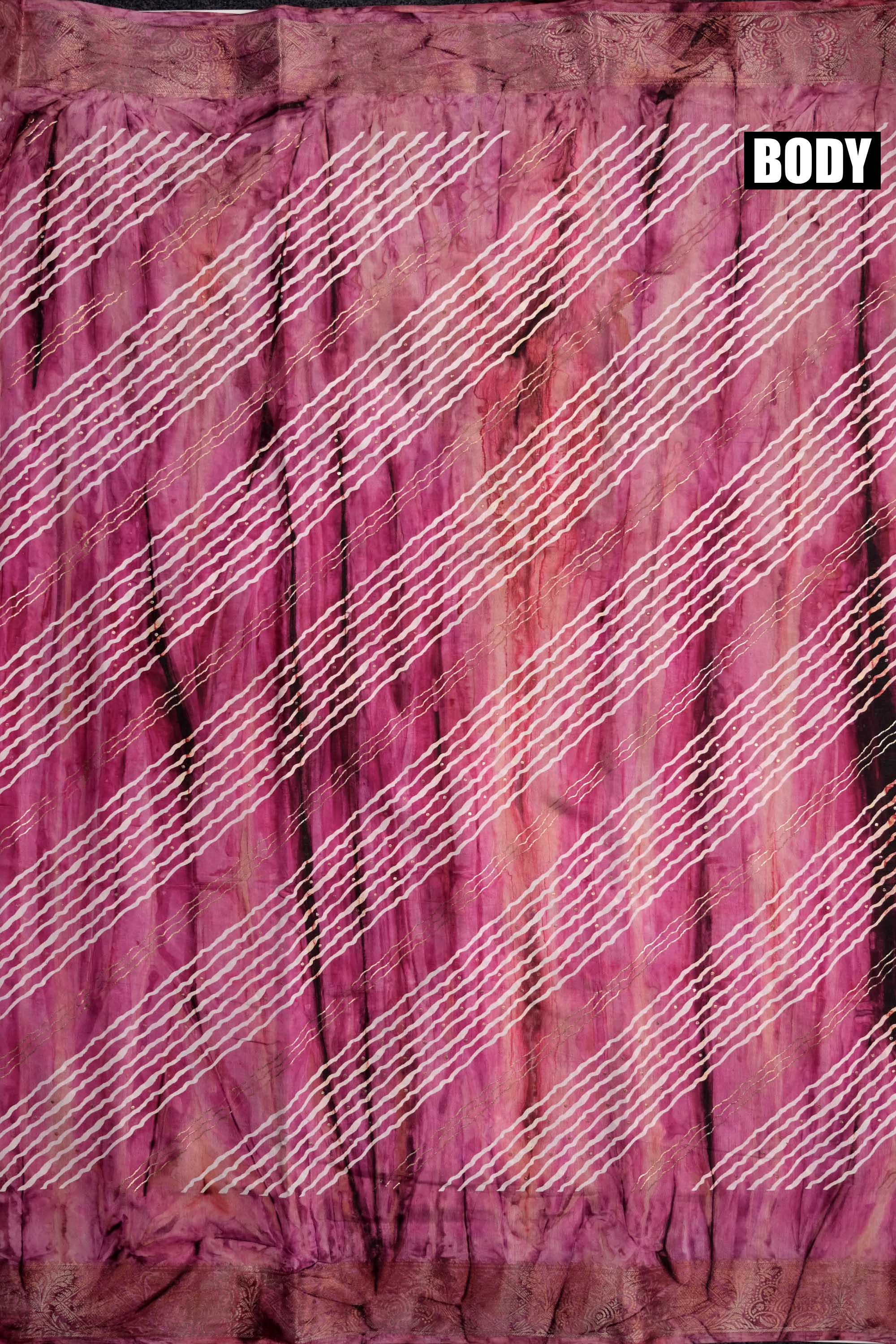 Dola silk fancy saree rose pink color allover stripes and zari woven border with printed pallu and attached printed blouse