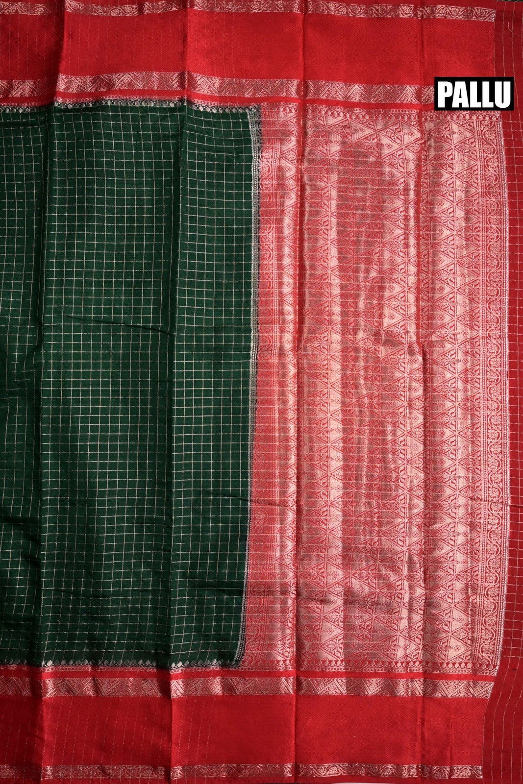 Banaras silk saree green and red with allover gold zari checks weaves, big zari gap border, and brocade blouse