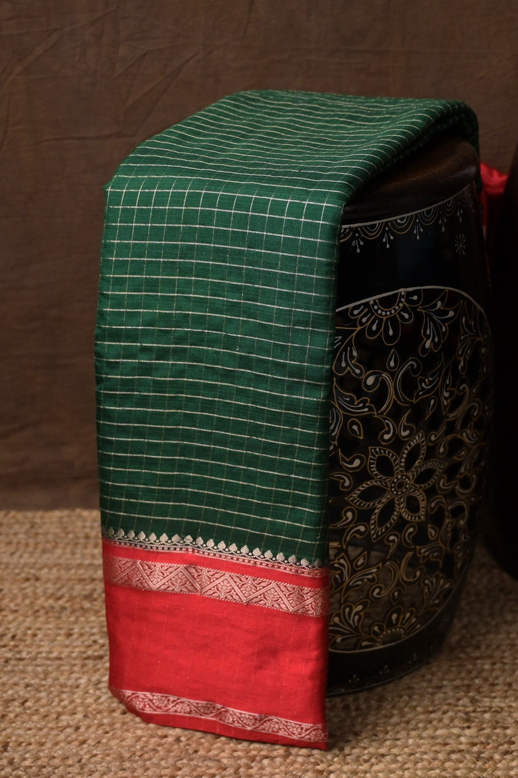 Banaras silk saree green and red with allover gold zari checks weaves, big zari gap border, and brocade blouse