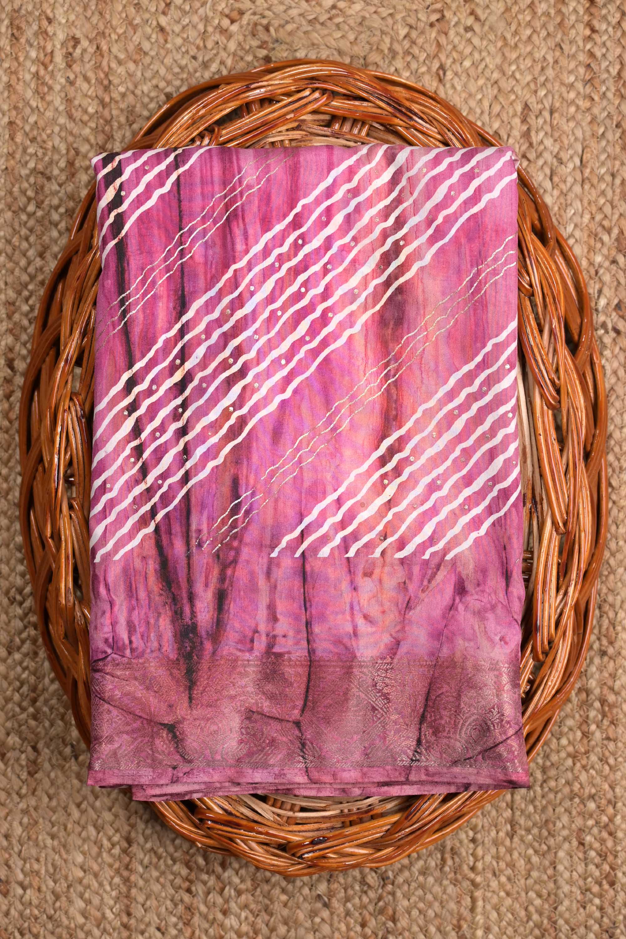 Dola silk fancy saree rose pink color allover stripes and zari woven border with printed pallu and attached printed blouse