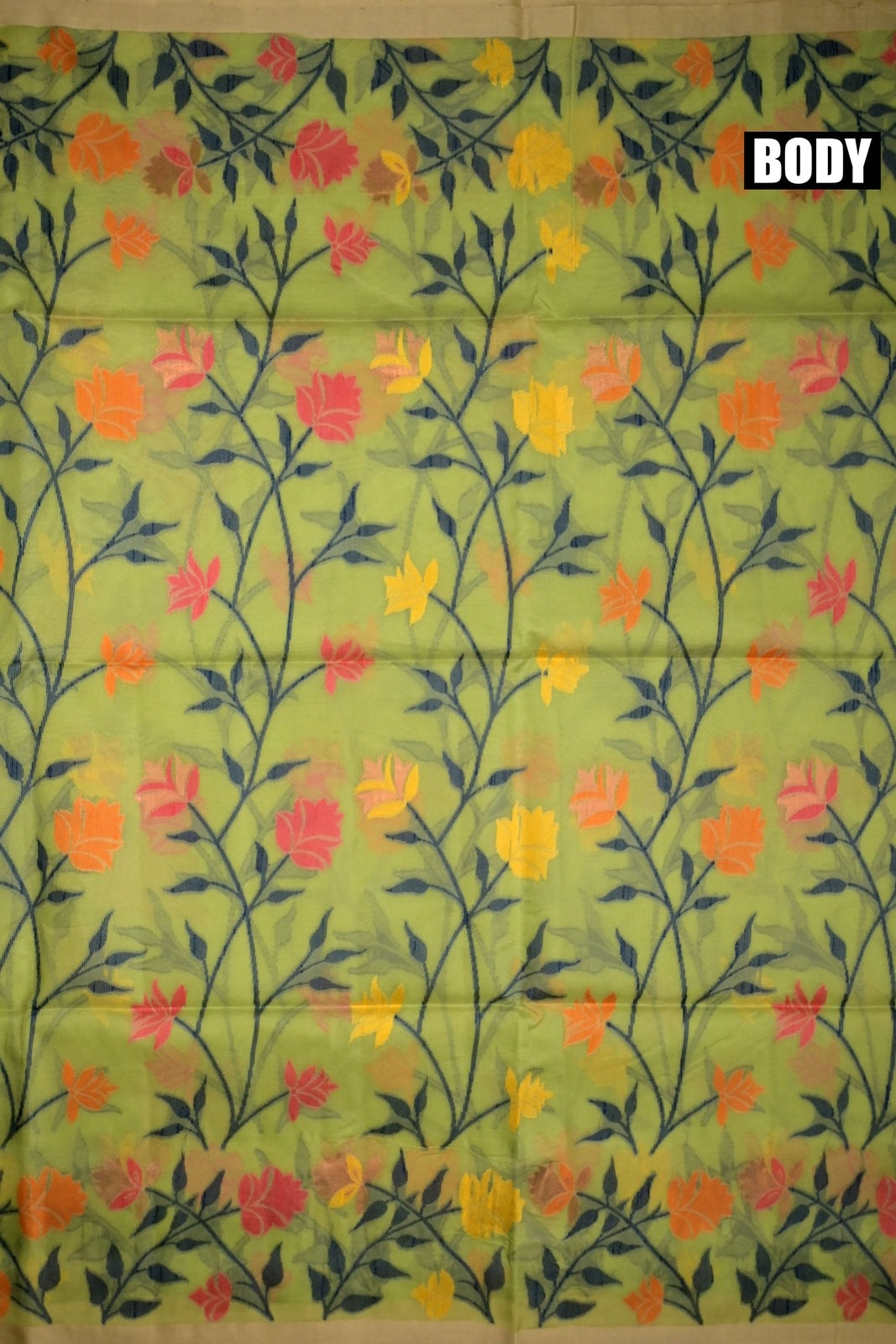 Muslin silk saree light green colour with allover thread embroidery, small border, and plain blouse
