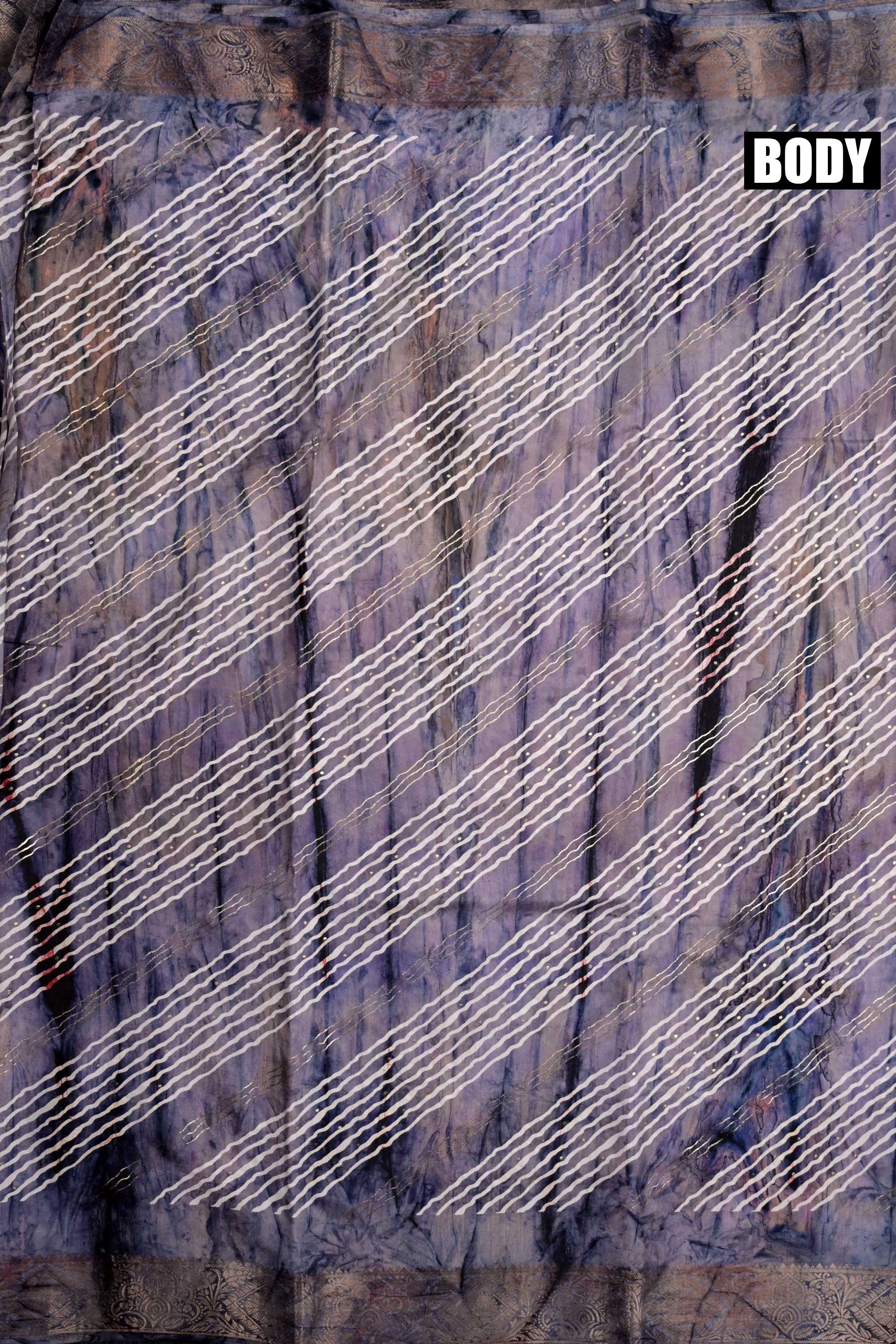 Dola silk fancy saree grey color allover stripes and zari woven border with printed pallu and attached printed blouse