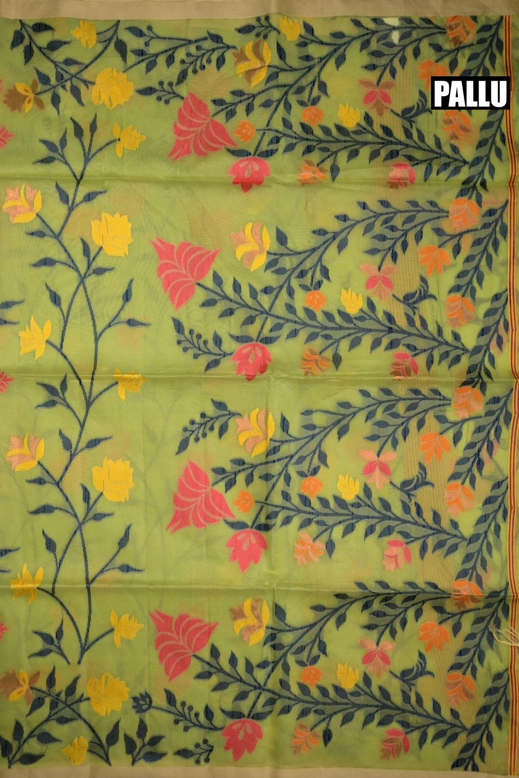 Muslin silk saree light green colour with allover thread embroidery, small border, and plain blouse