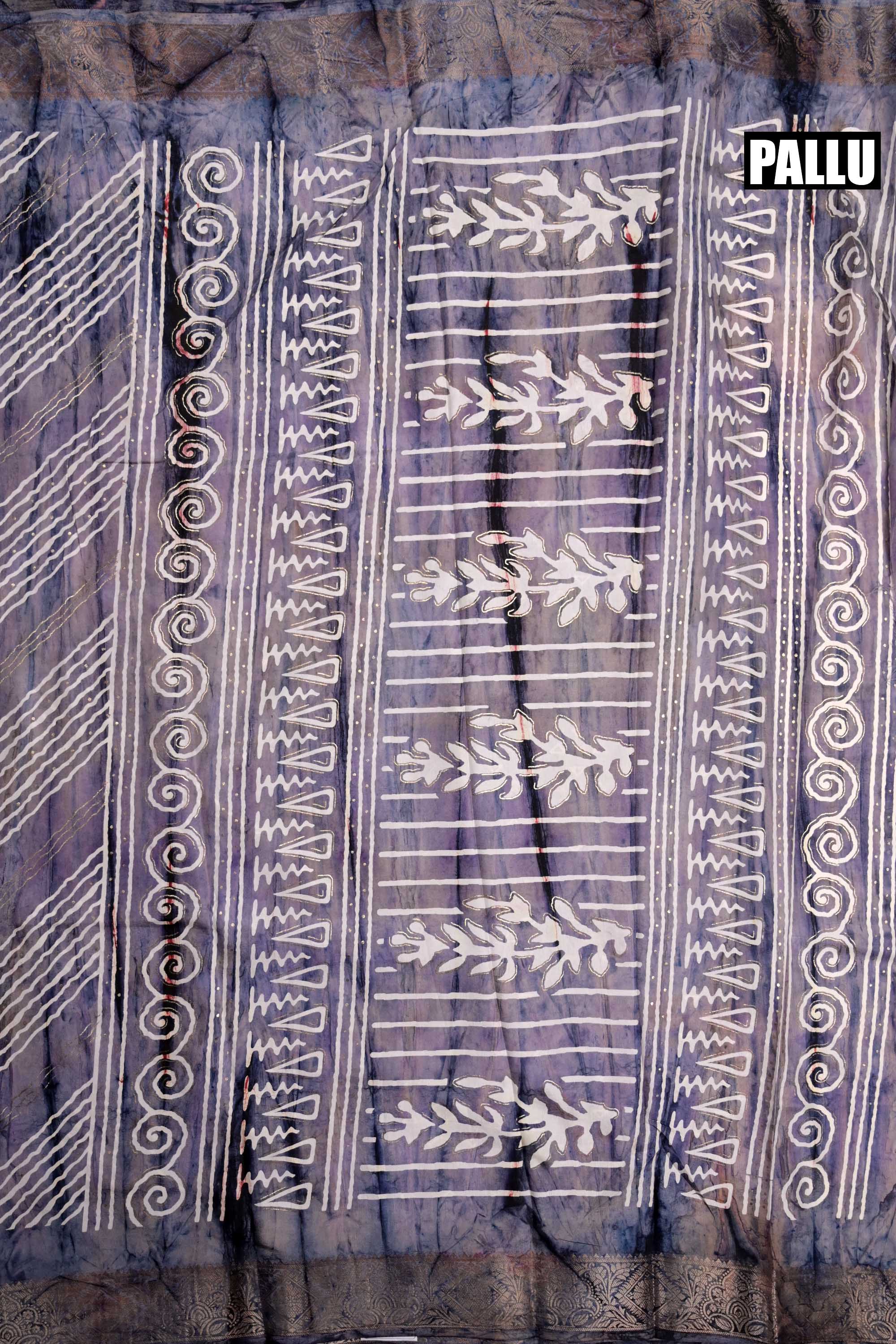 Dola silk fancy saree grey color allover stripes and zari woven border with printed pallu and attached printed blouse