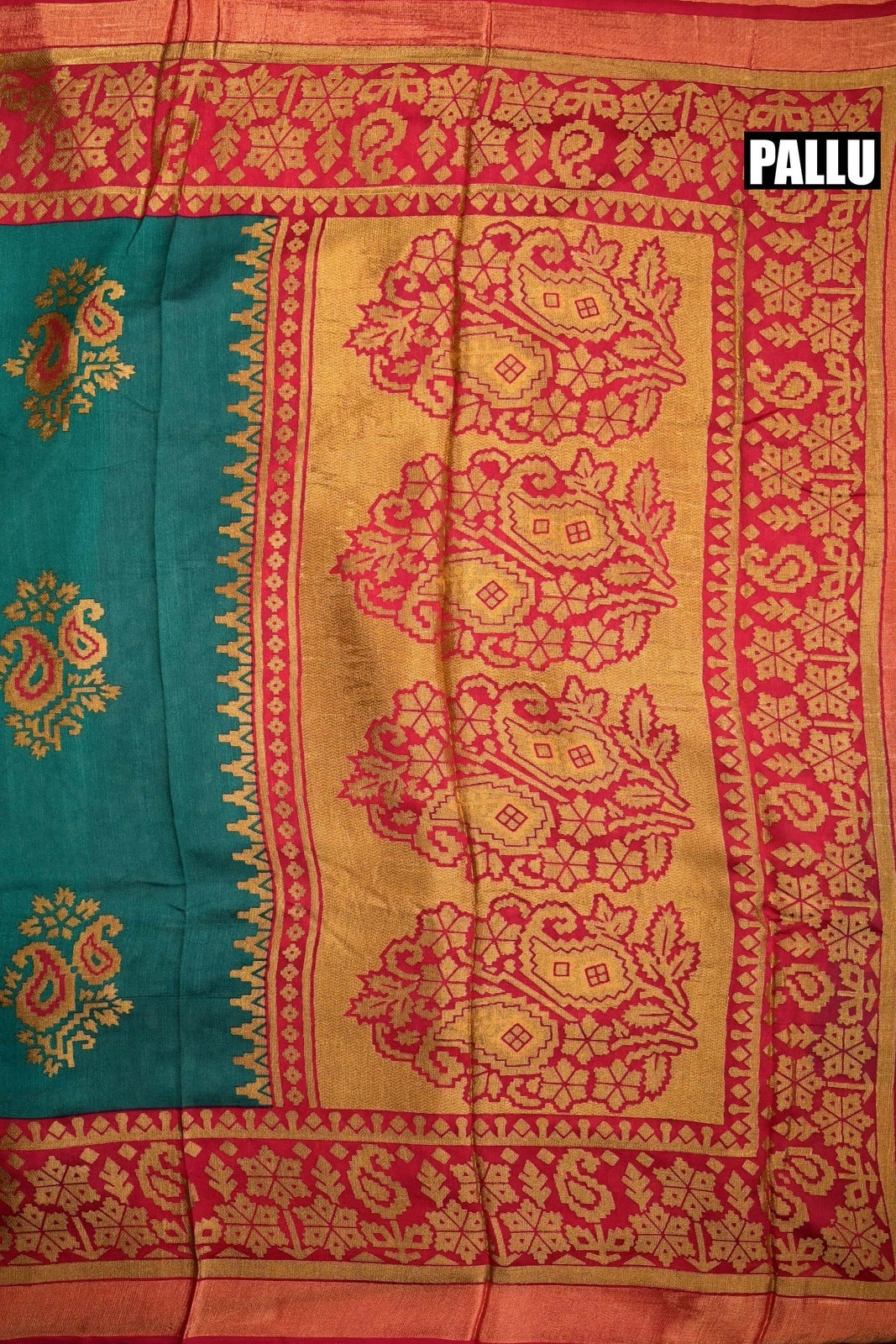 Soft jute saree green and red color allover prints with contrast border and brocade blouse