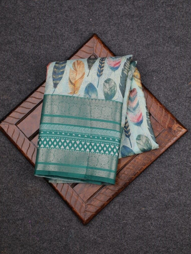 Silk kota fancy saree light blue color with allover digital prints & printed and zari border with short pallu and printed blouse