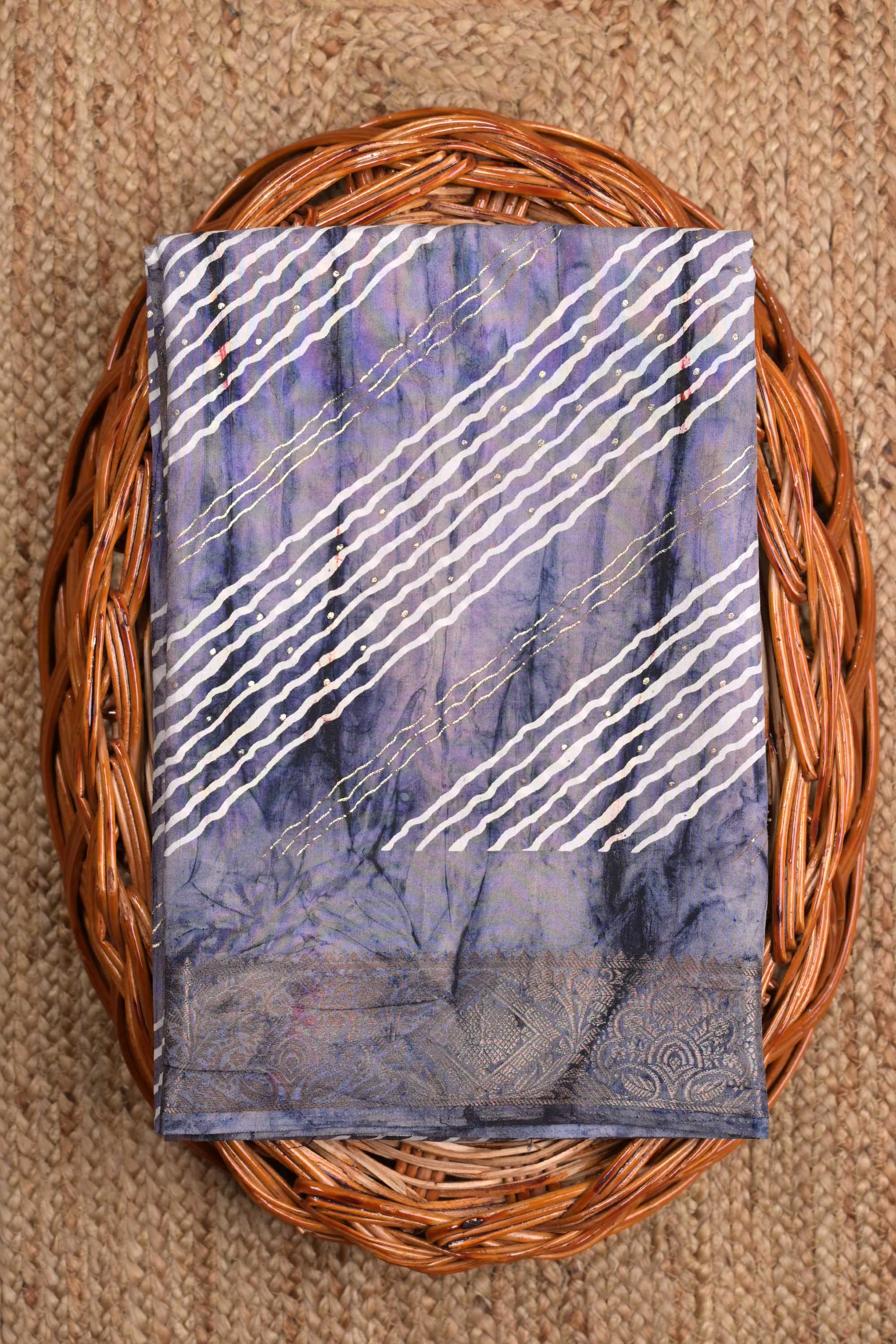 Dola silk fancy saree grey color allover stripes and zari woven border with printed pallu and attached printed blouse
