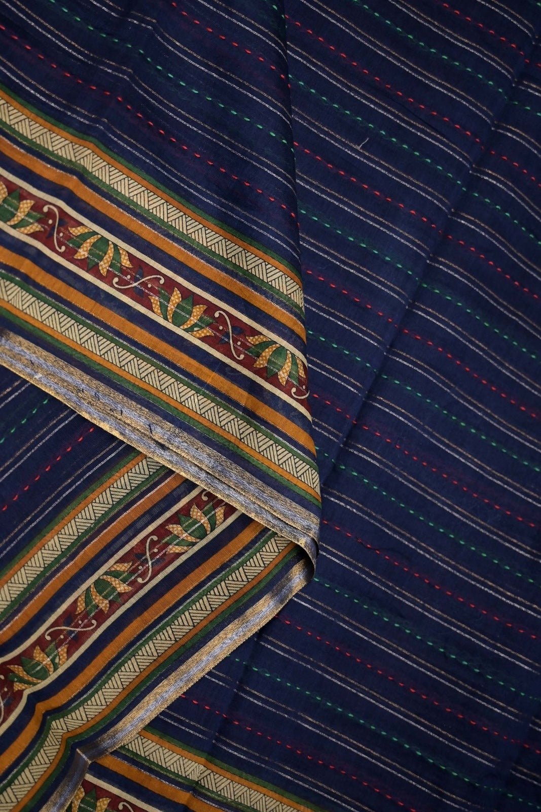 Maheshwari saree navy blue with allover kantha work, small printed border, and contrast blouse
