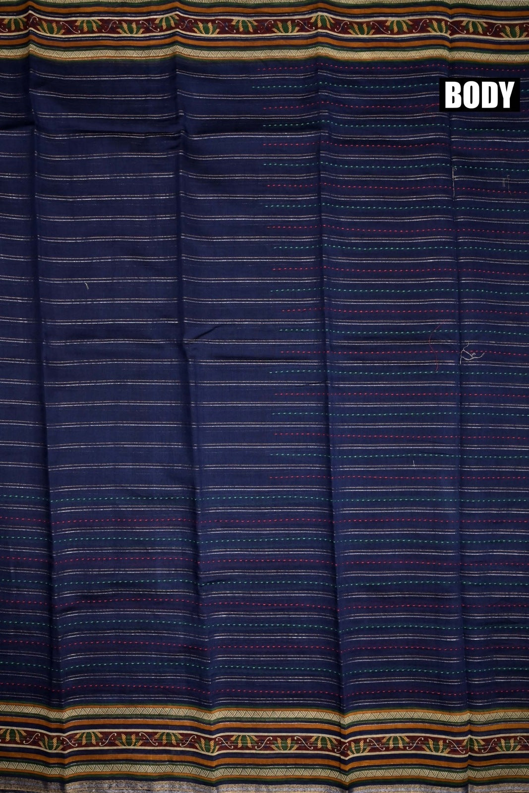 Maheshwari saree navy blue with allover kantha work, small printed border, and contrast blouse