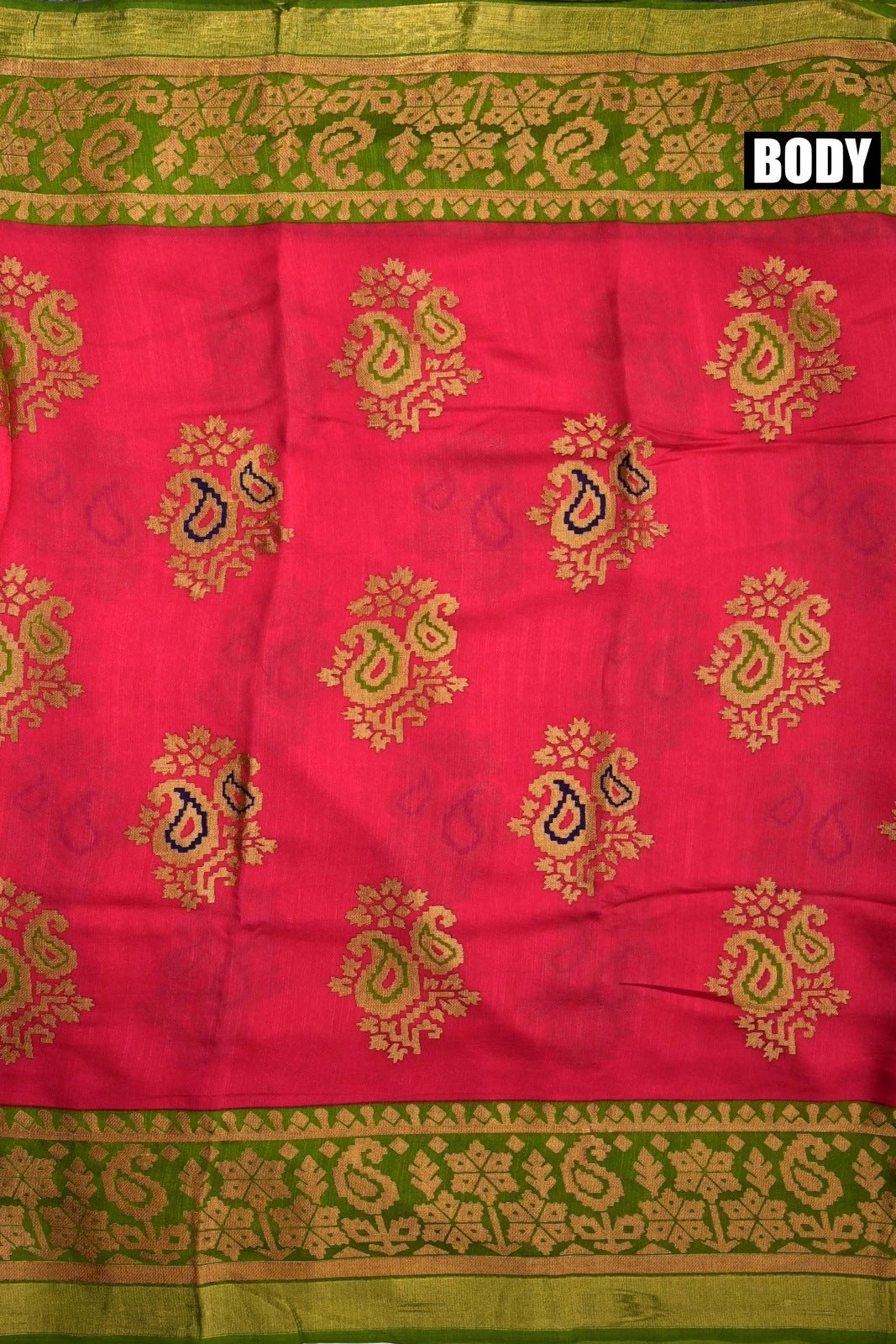 Soft jute saree pink and green color allover prints with contrast border and brocade blouse
