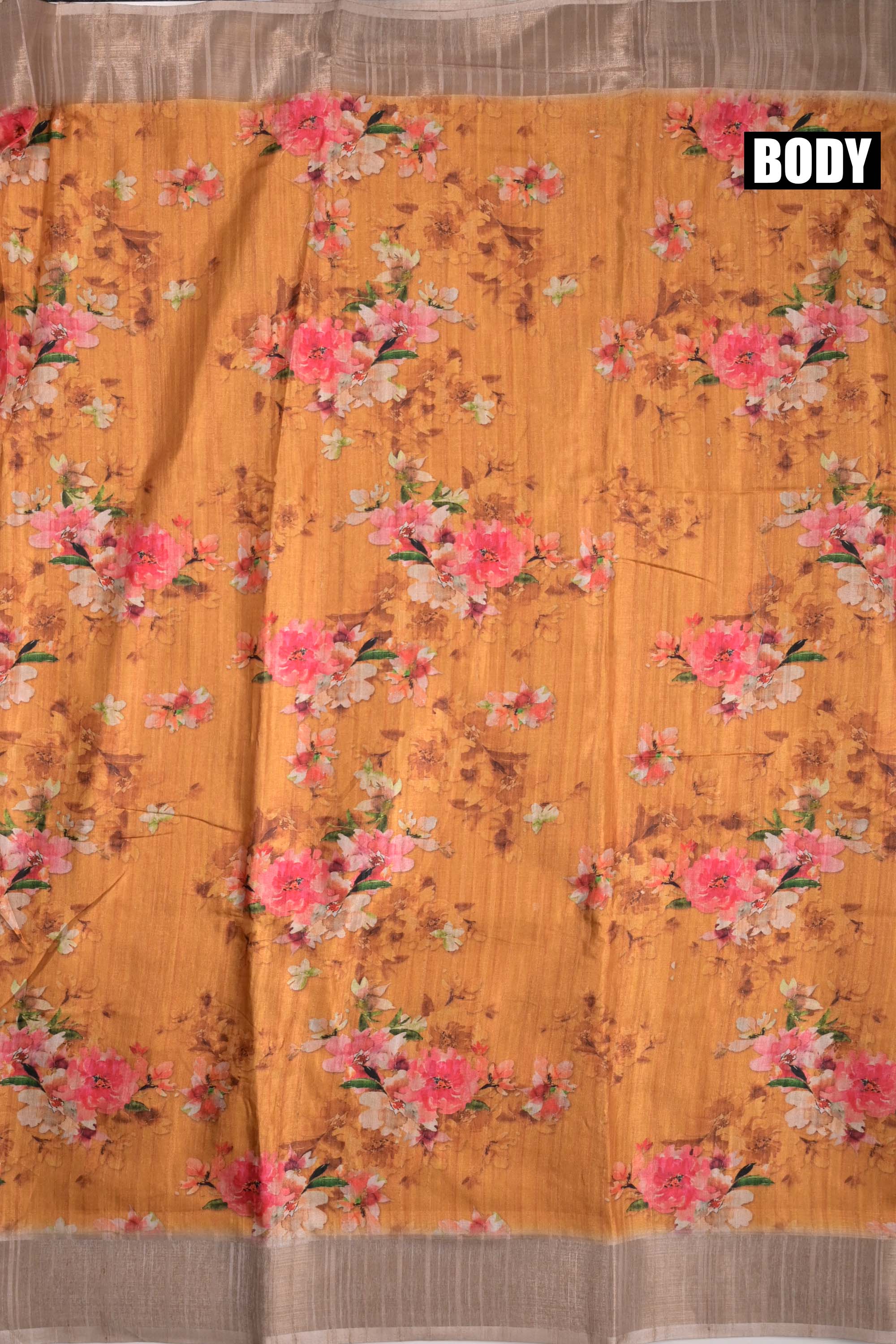 Tussar saree golden yellow color allover prints with zari weaving small kaddi border with stiped pallu and attached printed blouse
