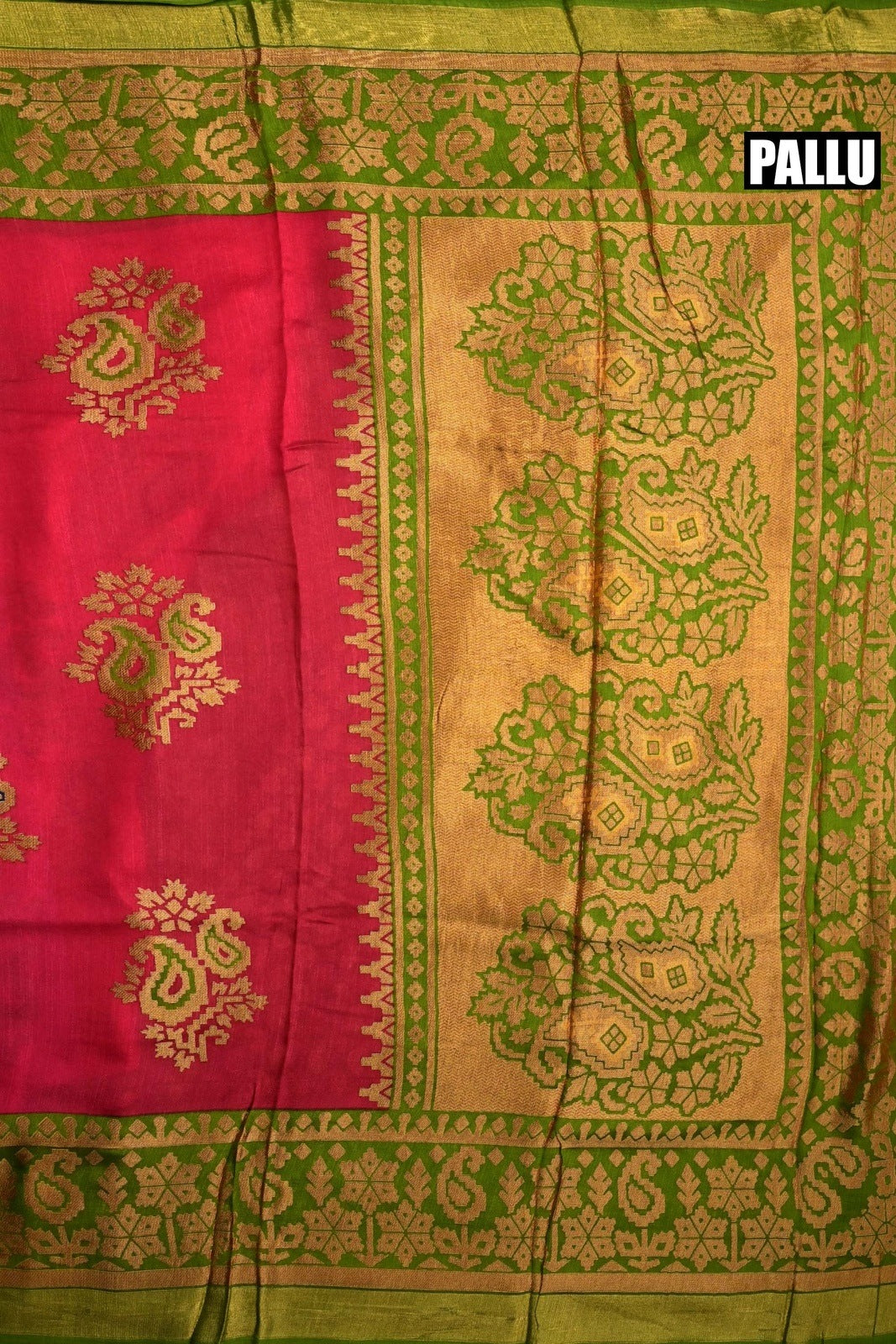 Soft jute saree pink and green color allover prints with contrast border and brocade blouse