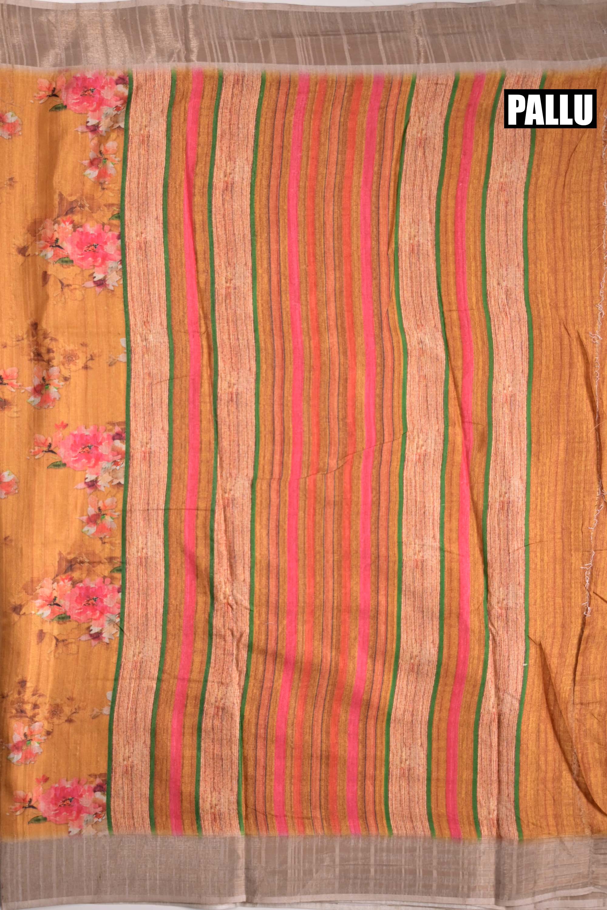 Tussar saree golden yellow color allover prints with zari weaving small kaddi border with stiped pallu and attached printed blouse