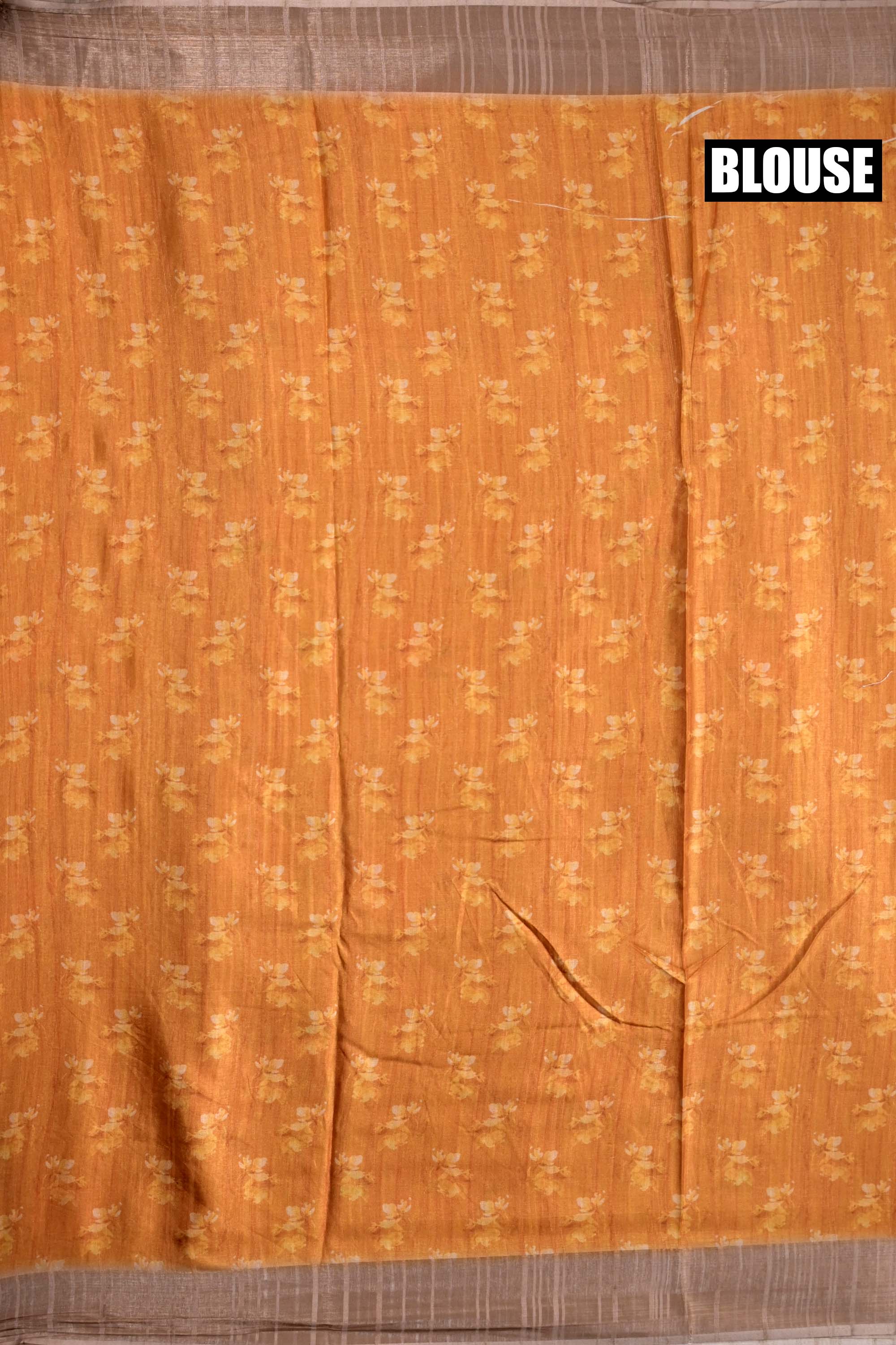 Tussar saree golden yellow color allover prints with zari weaving small kaddi border with stiped pallu and attached printed blouse