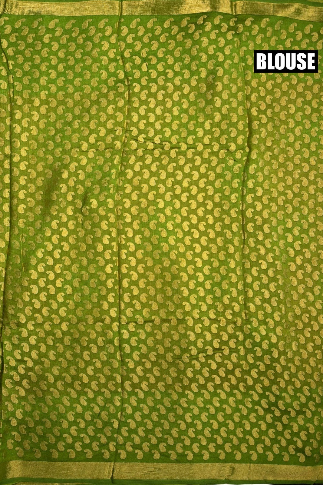 Soft jute saree pink and green color allover prints with contrast border and brocade blouse