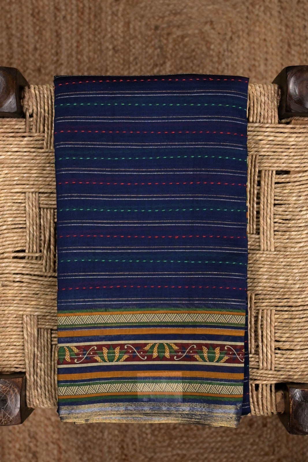 Maheshwari saree navy blue with allover kantha work, small printed border, and contrast blouse