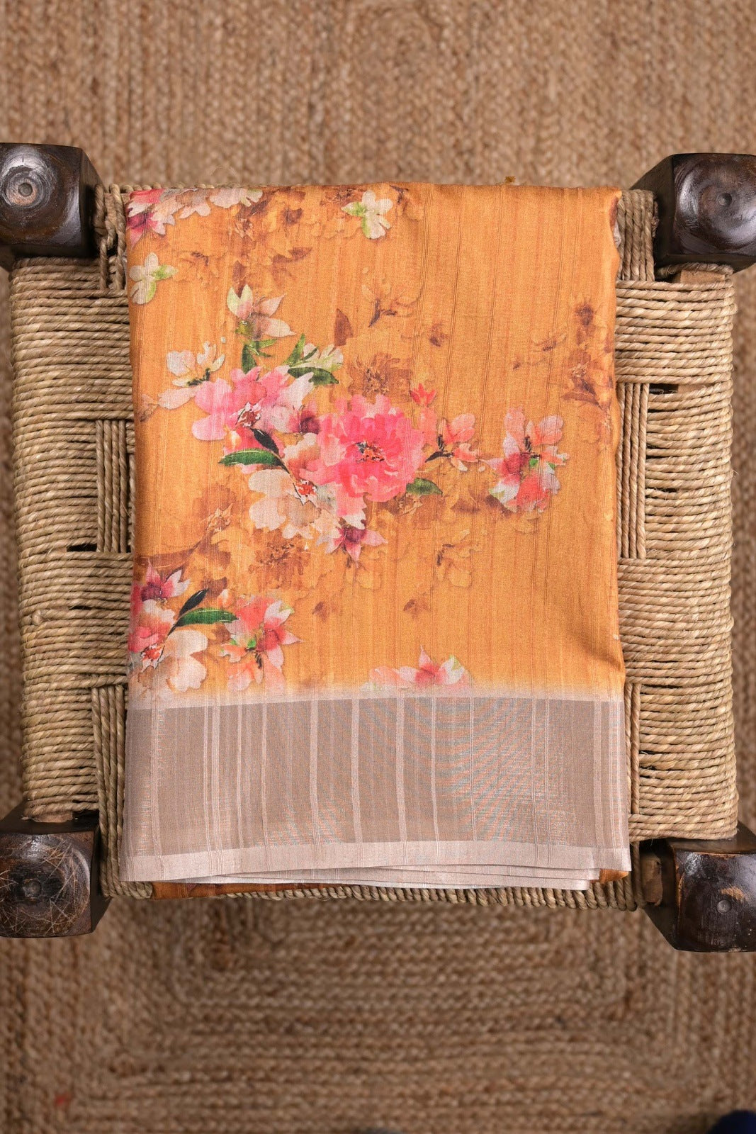 Tussar saree golden yellow color allover prints with zari weaving small kaddi border with stiped pallu and attached printed blouse