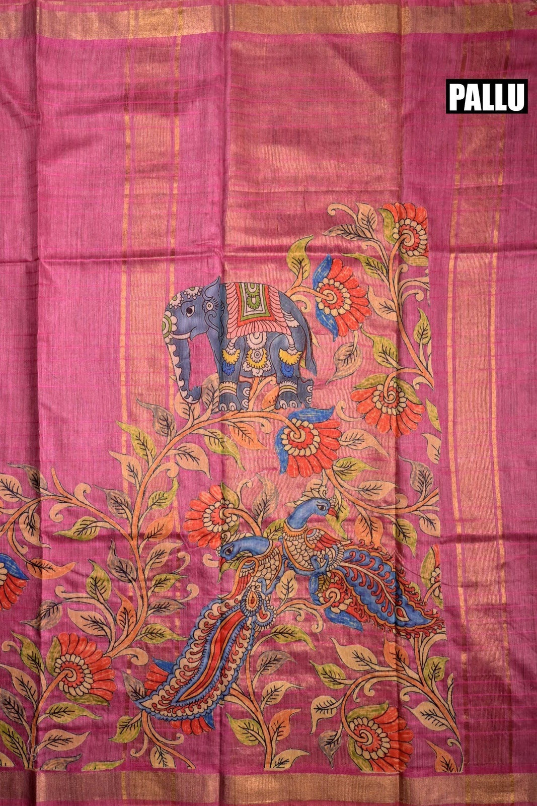 Tussar jute saree light pink color with kalamkari prints, big printed pallu, small kaddi border and printed blouse