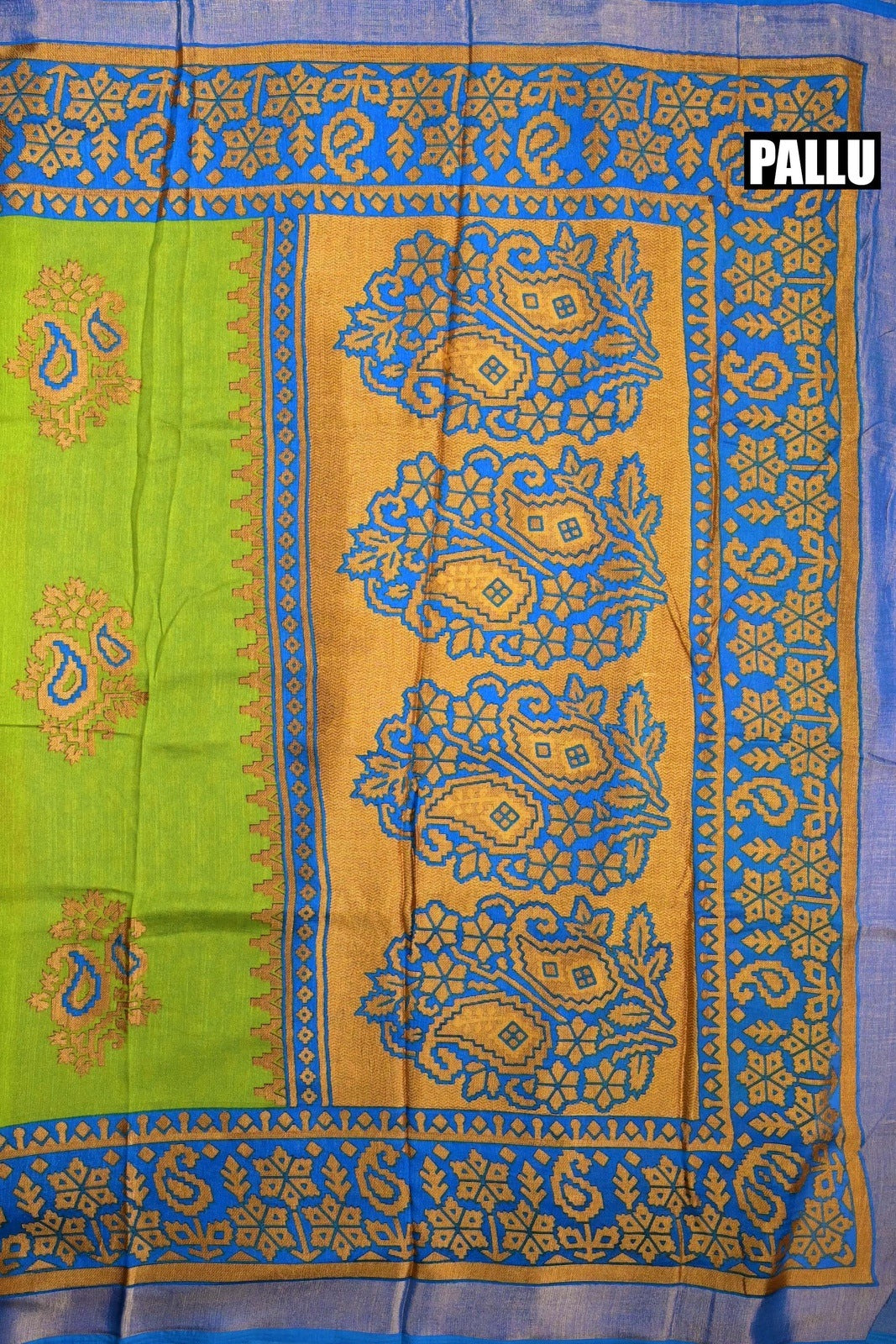 Soft jute saree green and blue color allover prints with contrast border and brocade blouse