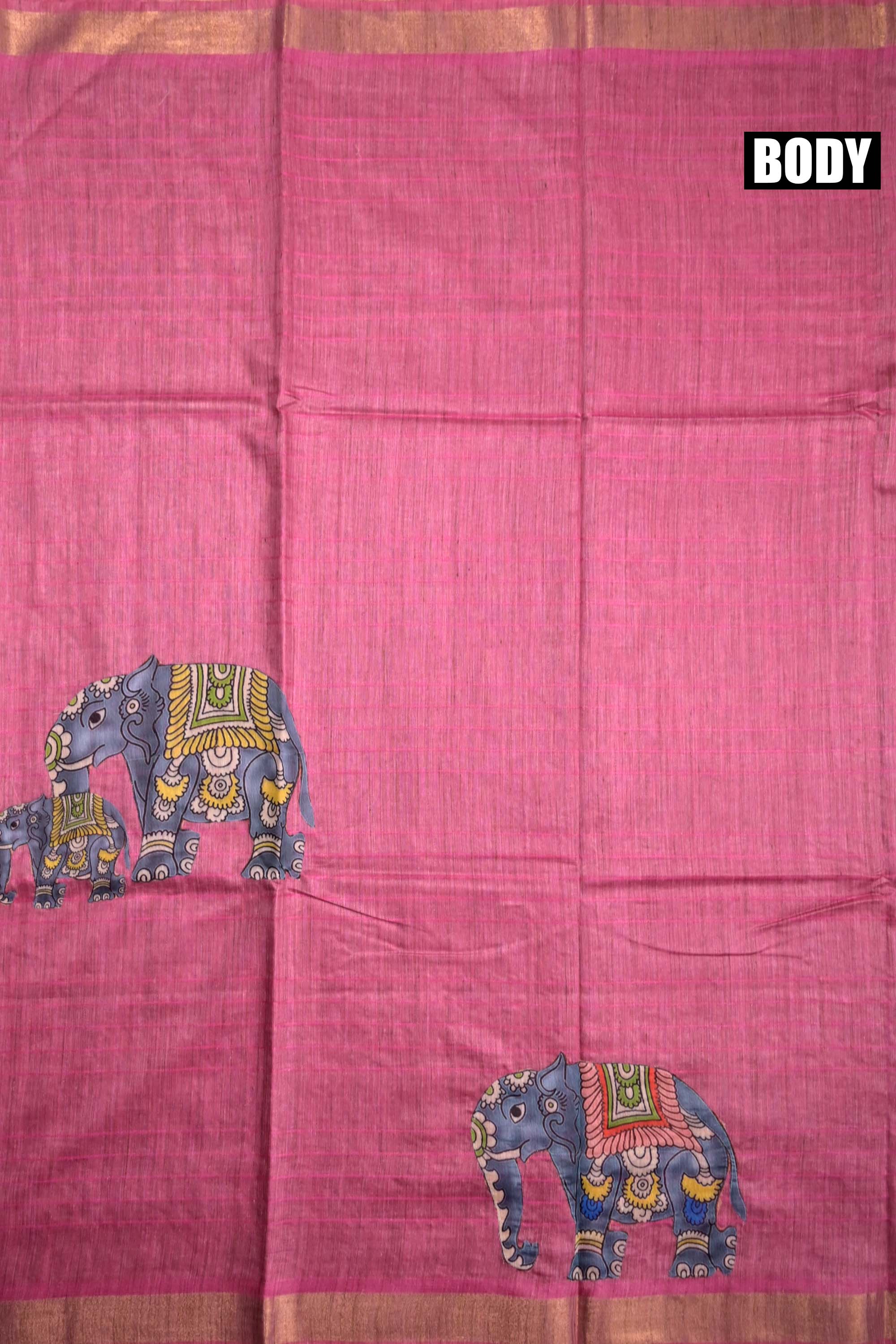 Tussar jute saree light pink color with kalamkari prints, big printed pallu, small kaddi border and printed blouse