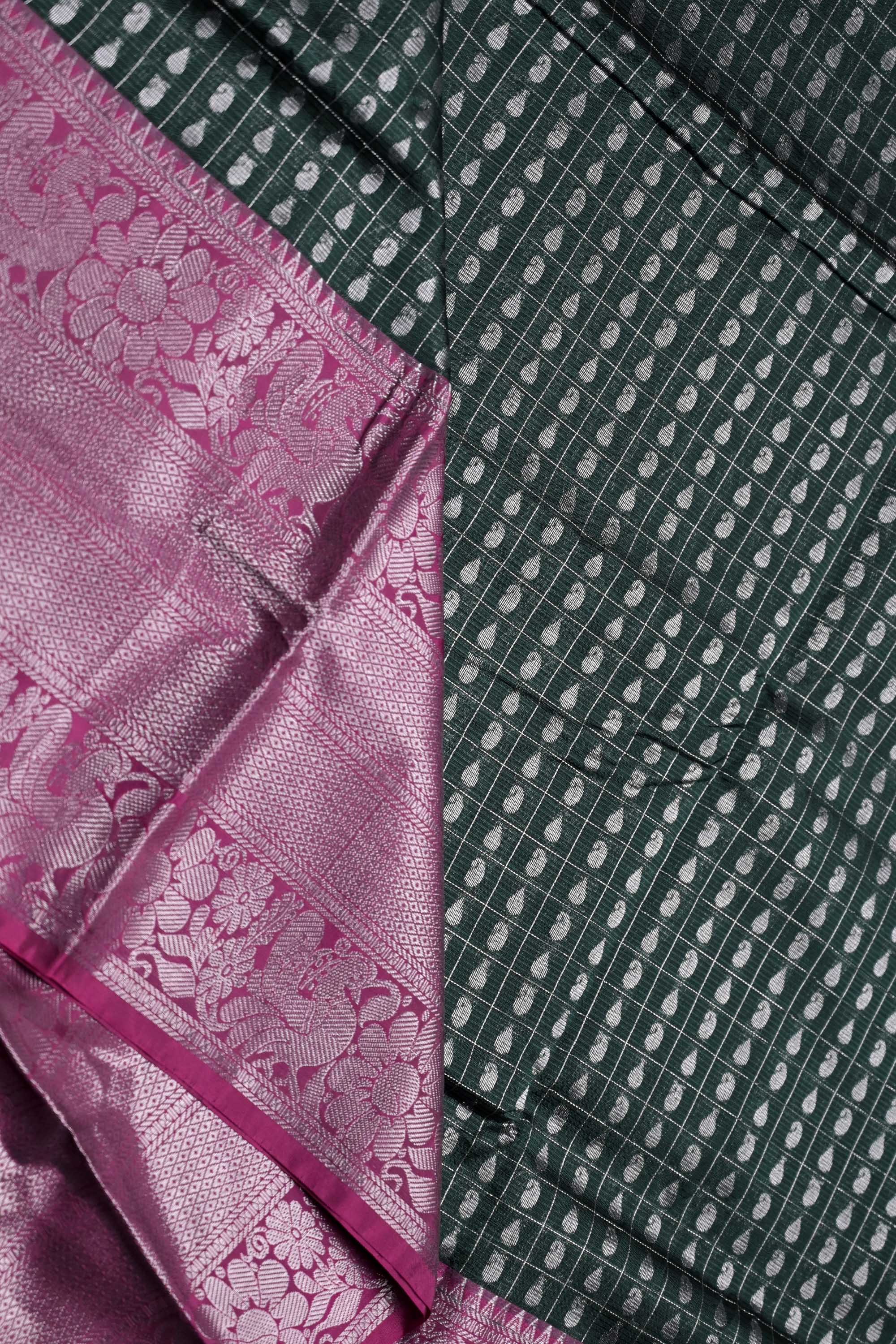 Mangalgiri pattu saree green and pink with allover checks with silver zari motives, big zari border and plain blouse