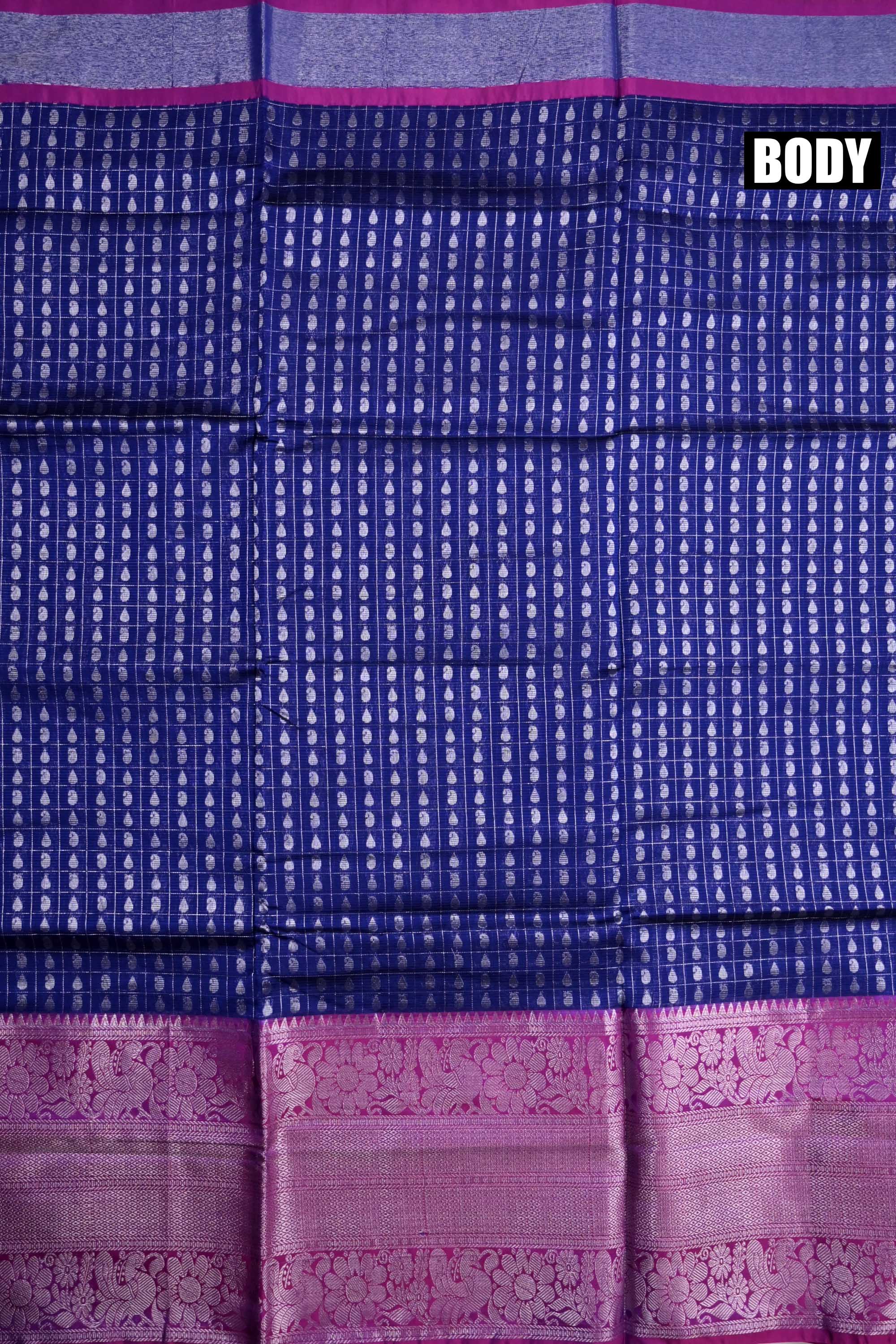 Mangalgiri pattu saree blue and pink with allover checks with silver zari motives, big zari border and plain blouse