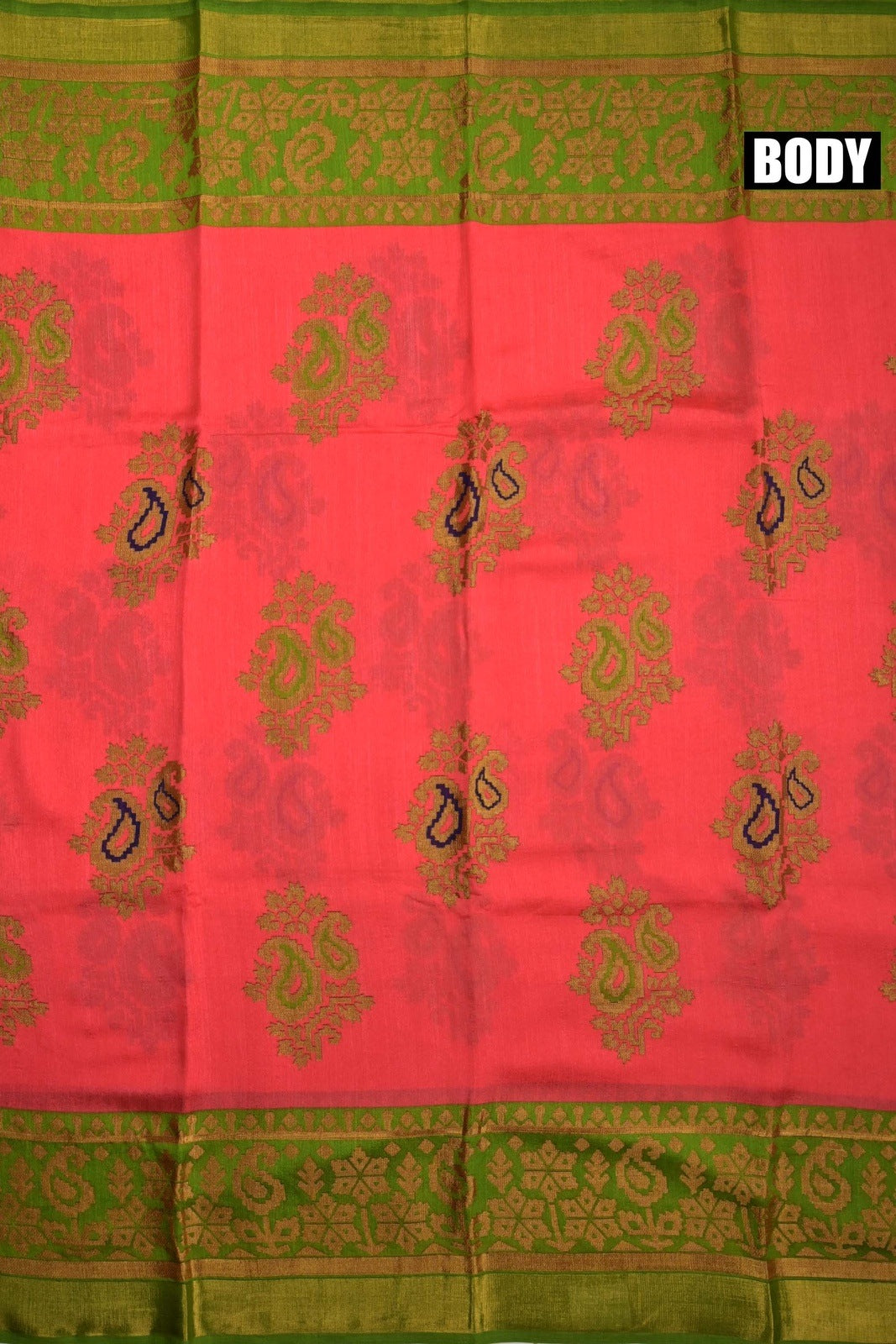 Soft jute saree pink and green color allover floral prints with contrast border and brocade blouse