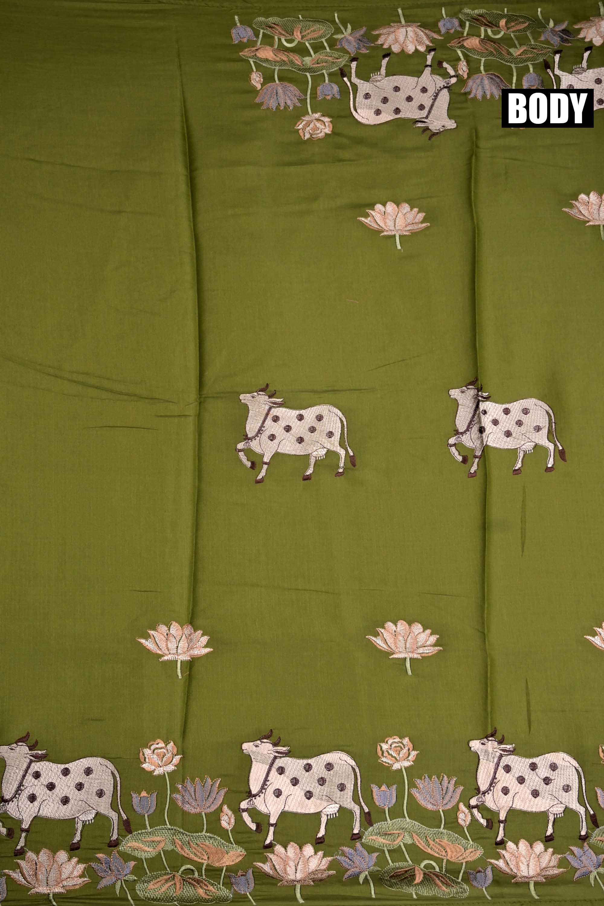 Tussar fancy saree olive green color allover thread weaving with self pallu and attached plain blouse