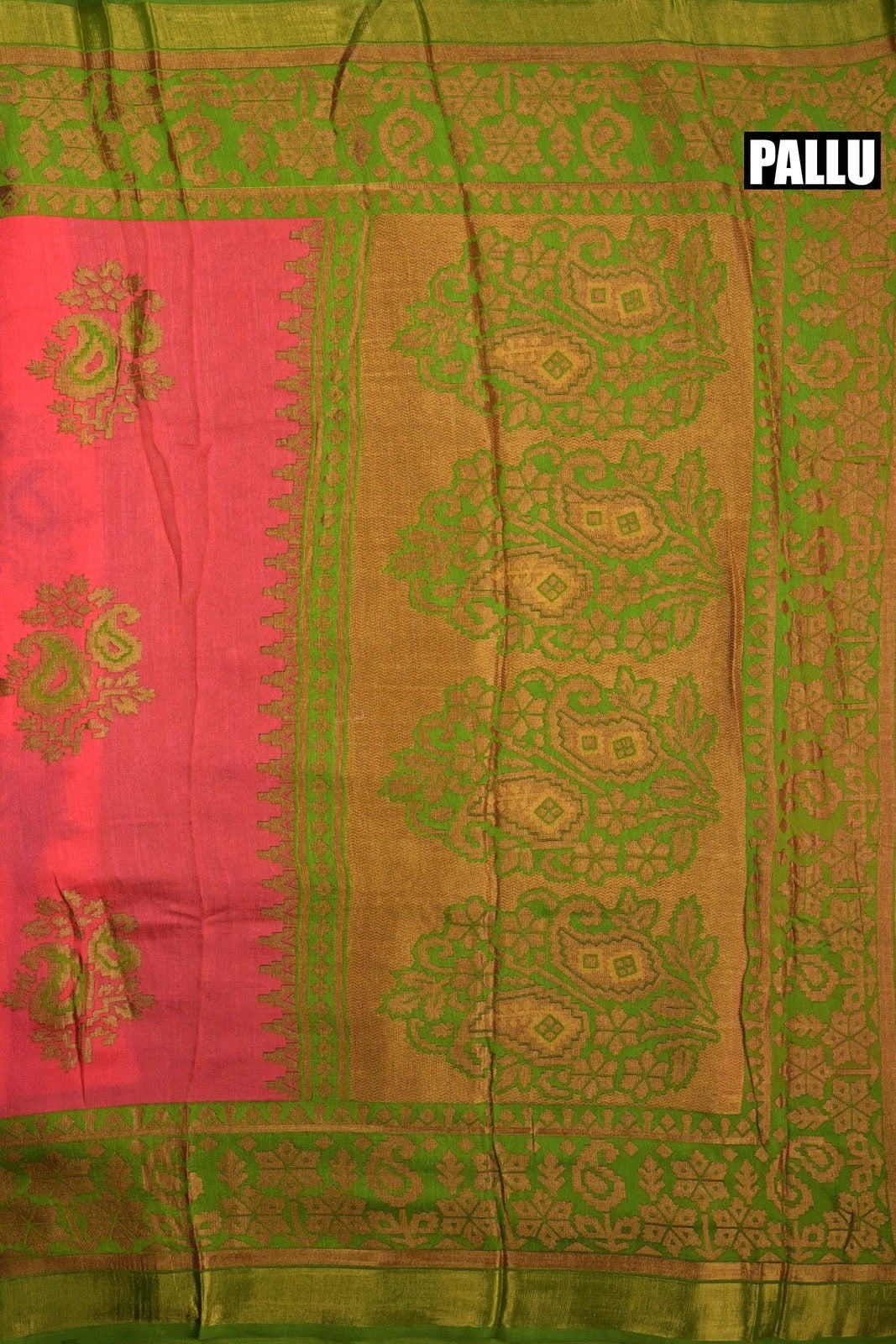 Soft jute saree pink and green color allover floral prints with contrast border and brocade blouse