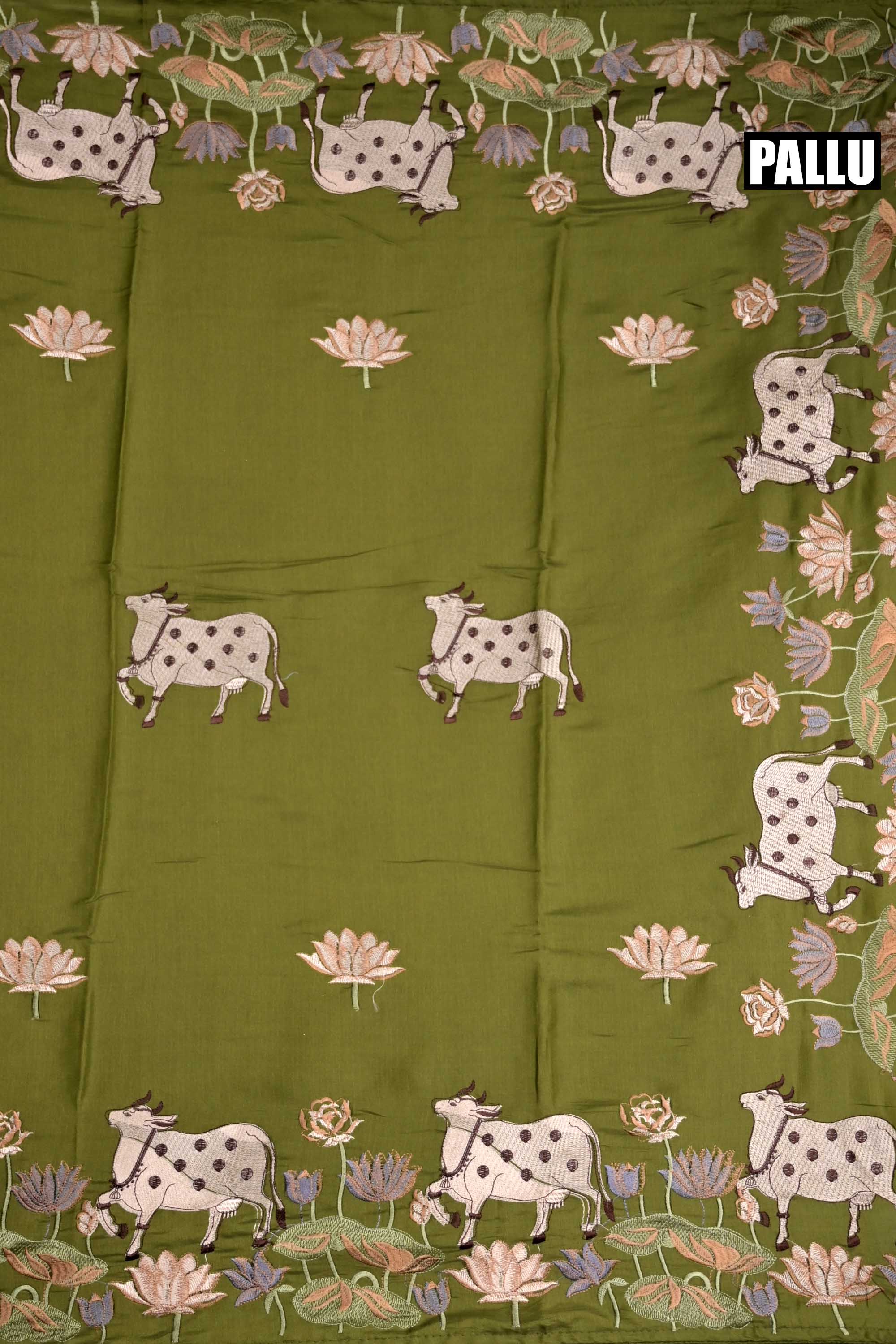 Tussar fancy saree olive green color allover thread weaving with self pallu and attached plain blouse