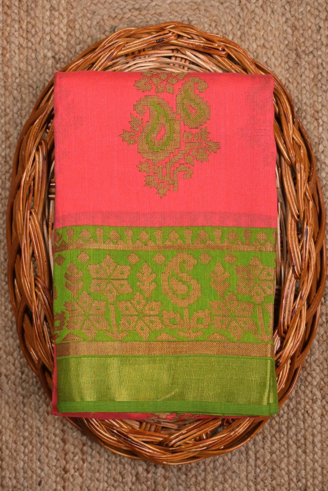 Soft jute saree pink and green color allover floral prints with contrast border and brocade blouse