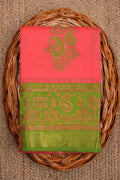 Soft jute saree pink and green color allover floral prints with contrast border and brocade blouse