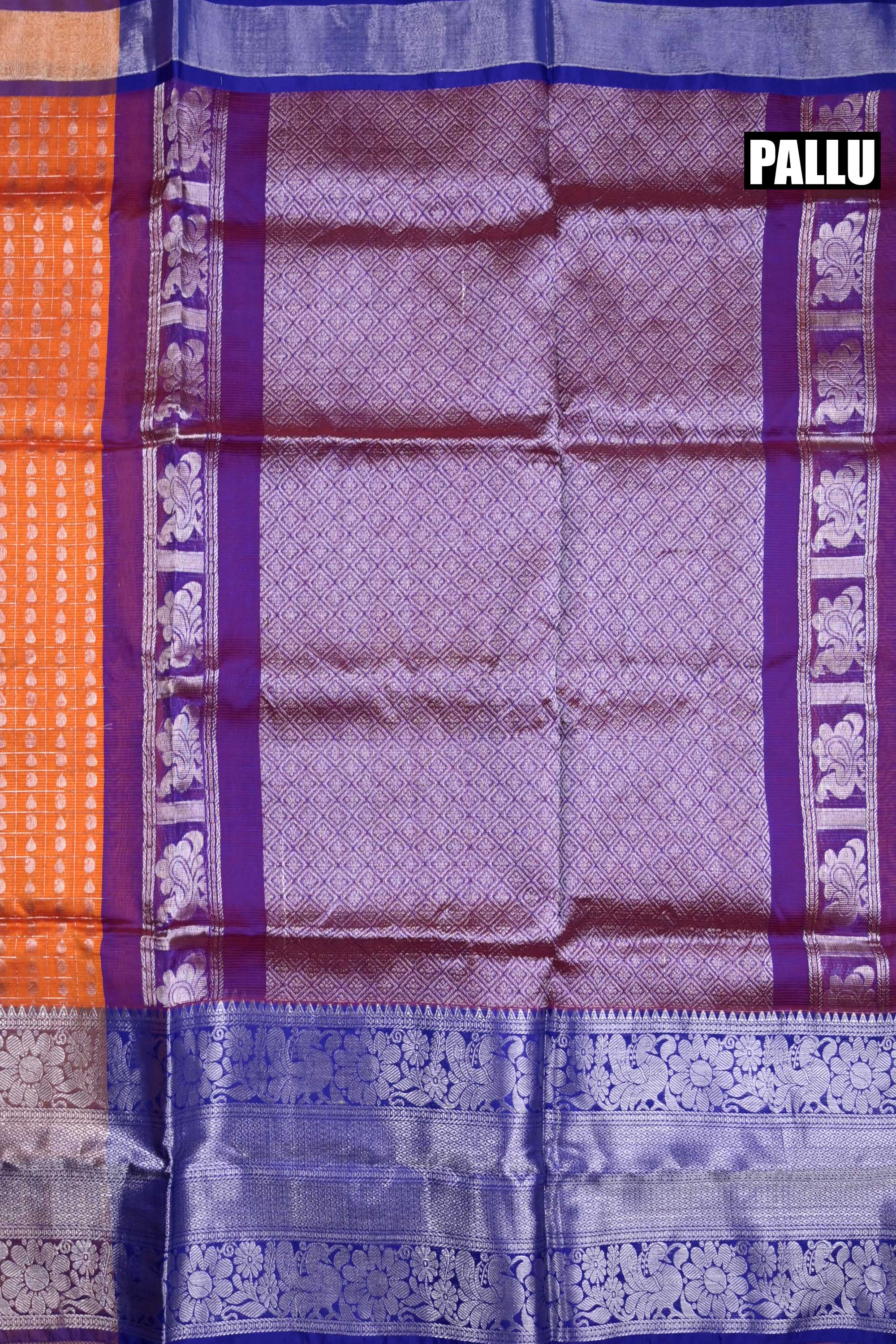 Mangalgiri pattu saree orange and purple with allover checks with silver zari motives, big zari border and plain blouse