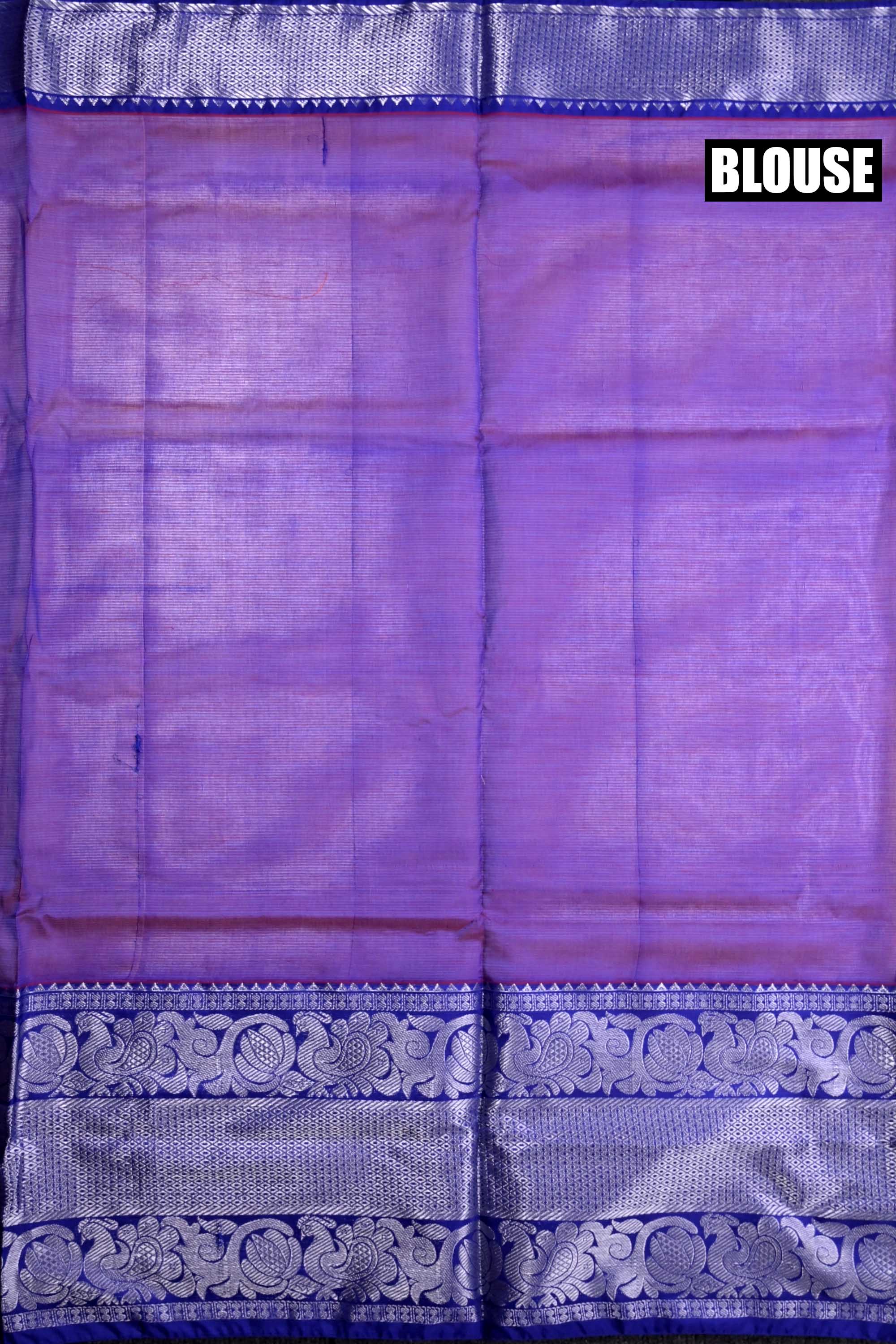 Mangalgiri pattu saree olive green and blue color with silver zari motive weaves, big zari border and plain blouse