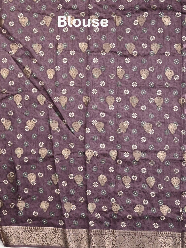 Dola silk fancy saree dark purple color allover prints & zari border with printed pallu and printed blouse