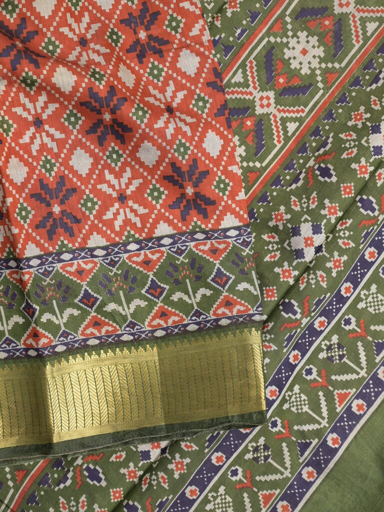 Maheshwari fancy saree orange color allover prints & zari border with contrast printed pallu and blouse