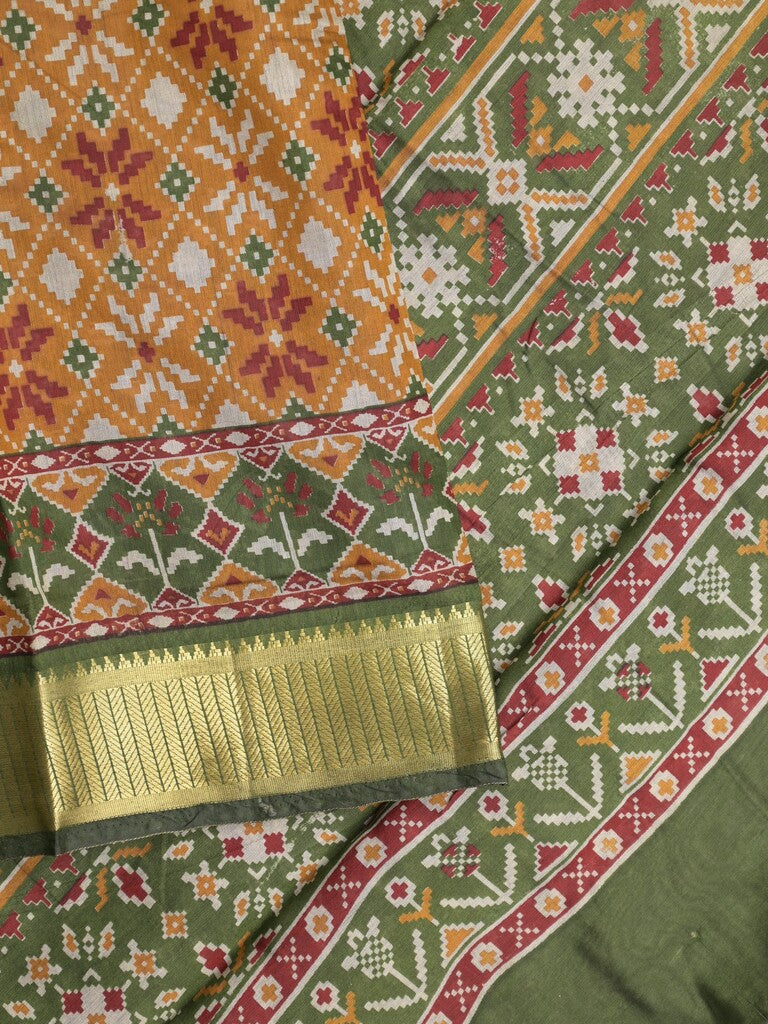 Maheshwari fancy saree mustard yellow color allover prints & zari border with contrast printed pallu and blouse