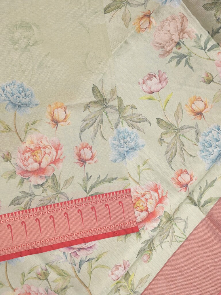 Banaras digital print fancy sarees half white color allover prints & zari border with short pallu and contrast blouse