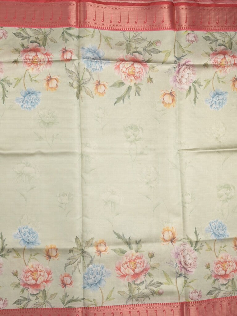 Banaras digital print fancy sarees half white color allover prints & zari border with short pallu and contrast blouse